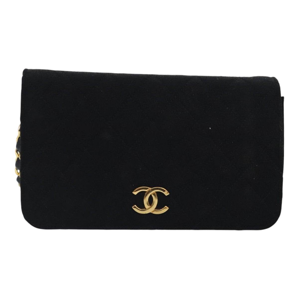 CHANEL Matelasse Chain Shoulder Bag Cotton Black Gold CC Auth bs18465