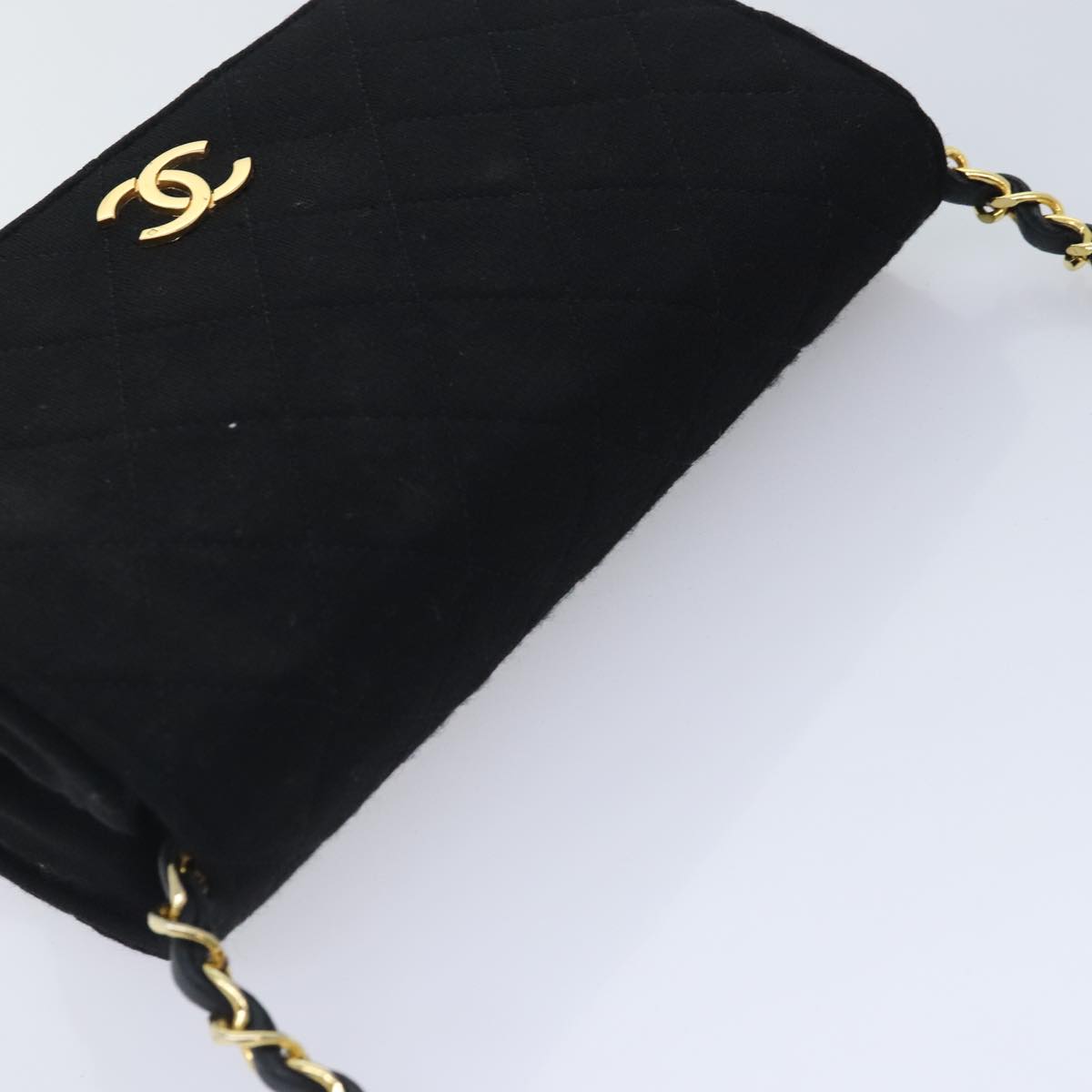 CHANEL Matelasse Chain Shoulder Bag Cotton Black Gold CC Auth bs18465