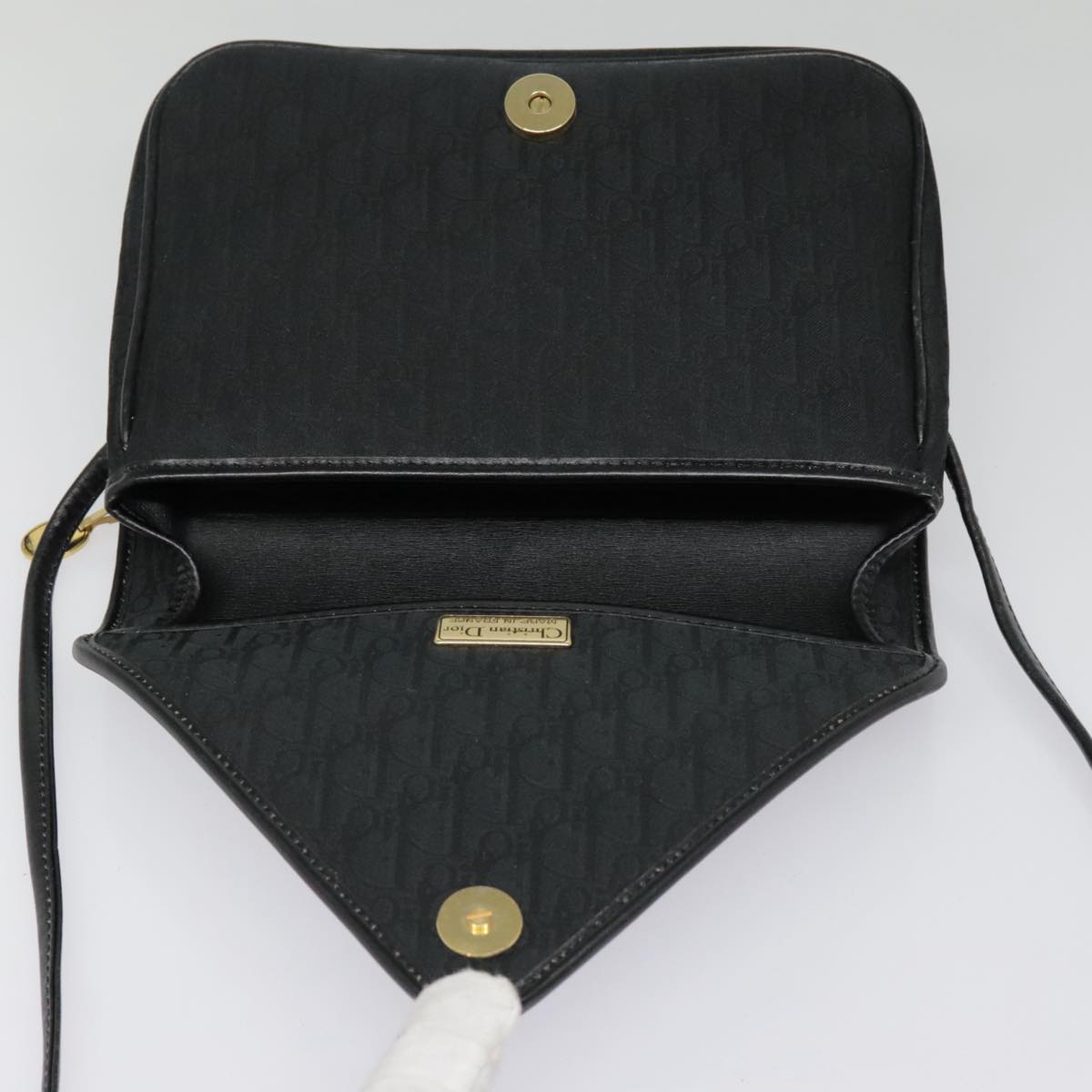 Christian Dior Trotter Canvas Shoulder Bag Black Gold Auth bs18471