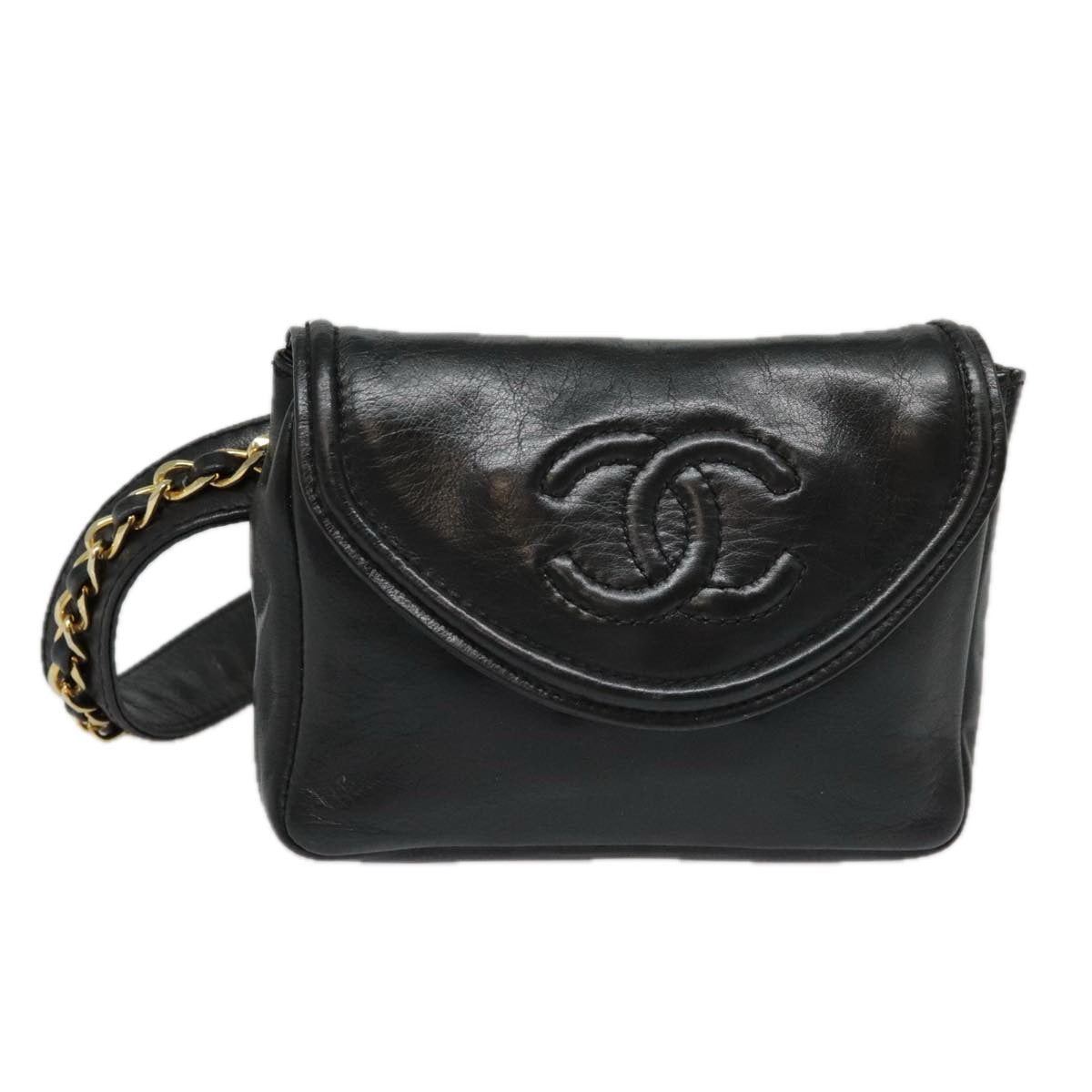 CHANEL Chain Waist bag Lamb Skin Black Gold CC Auth bs18476