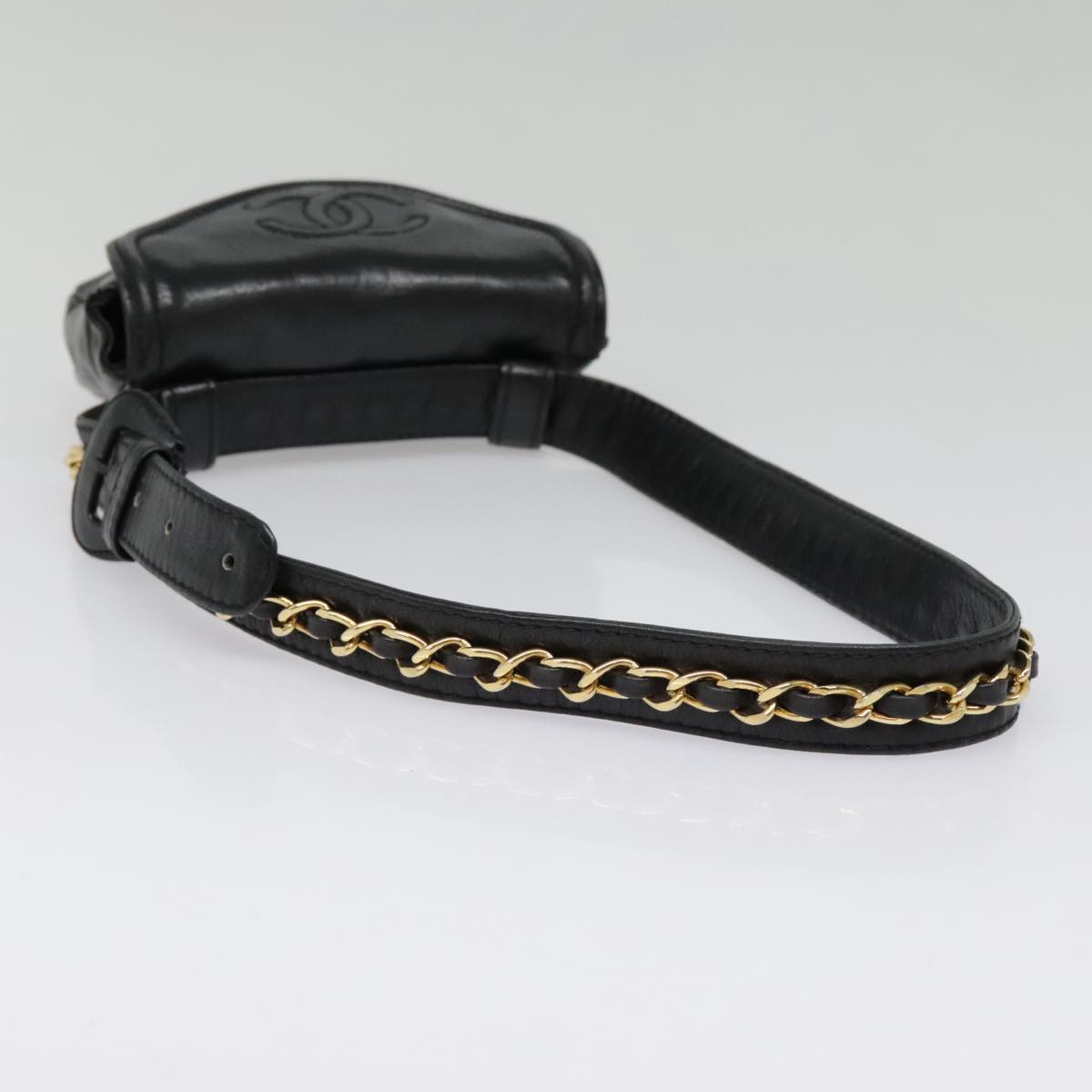 CHANEL Chain Waist bag Lamb Skin Black Gold CC Auth bs18476