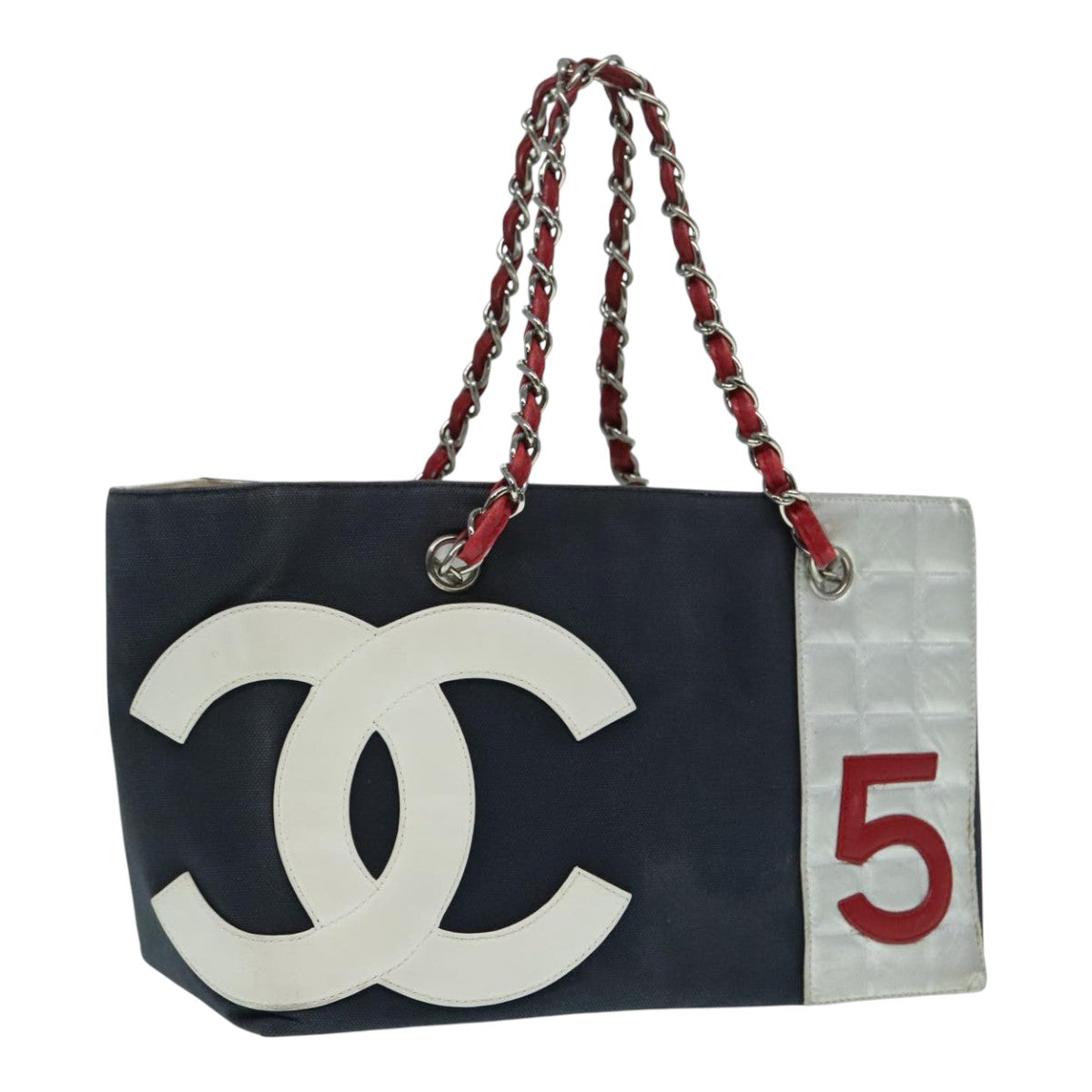 CHANEL Choco Bar Chain Tote Bag Canvas Navy Silver CC Auth bs18482