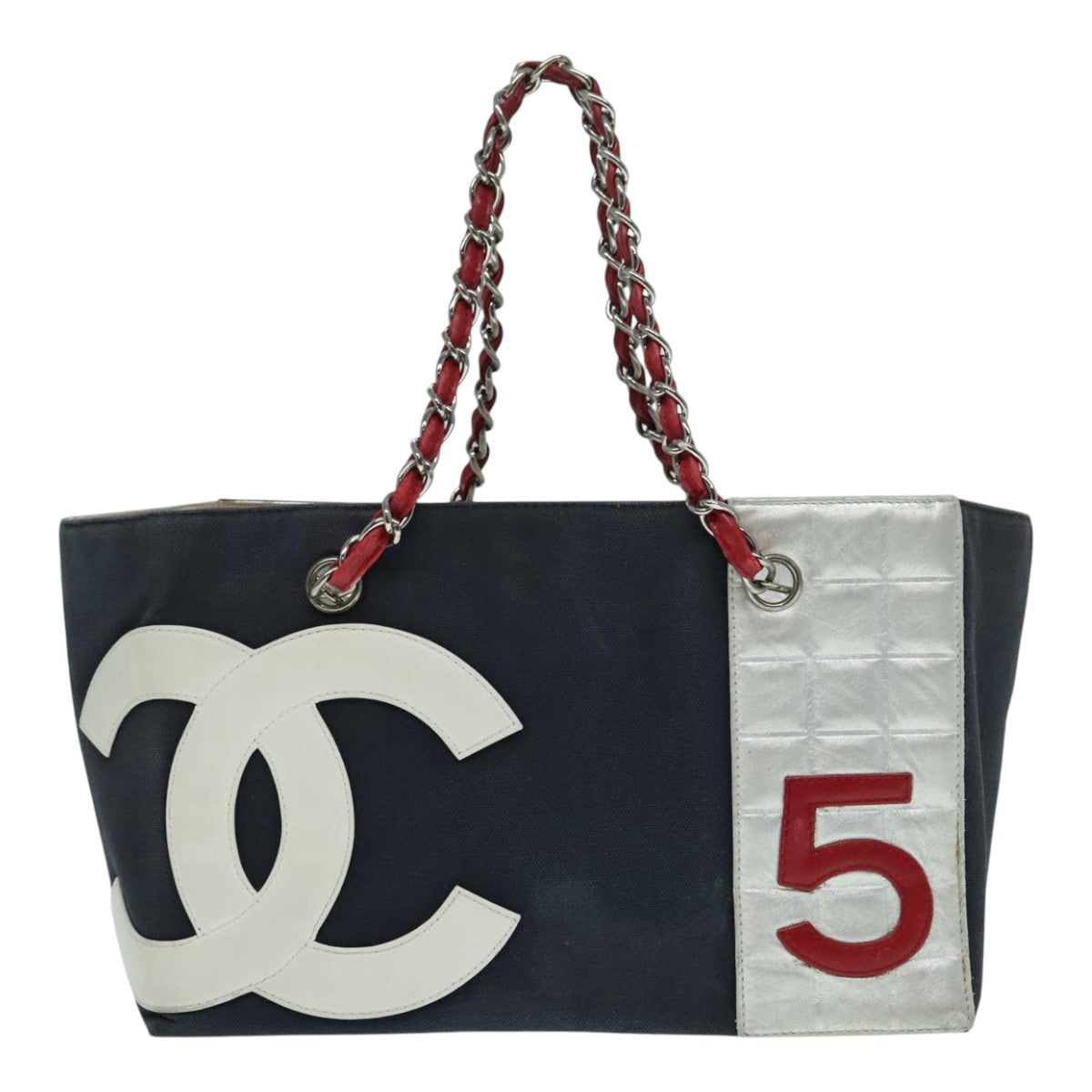 CHANEL Choco Bar Chain Tote Bag Canvas Navy Silver CC Auth bs18482