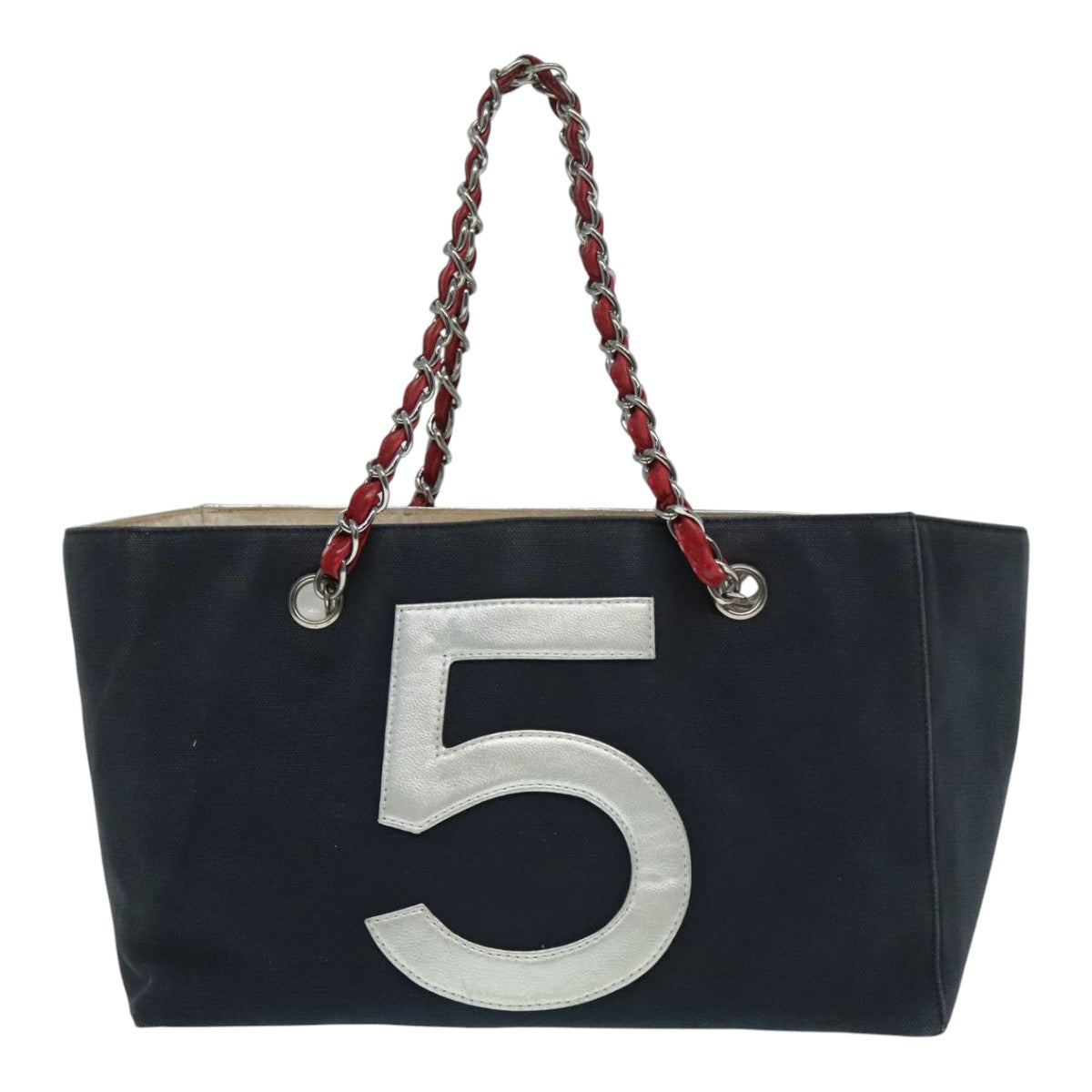 CHANEL Choco Bar Chain Tote Bag Canvas Navy Silver CC Auth bs18482 - 0