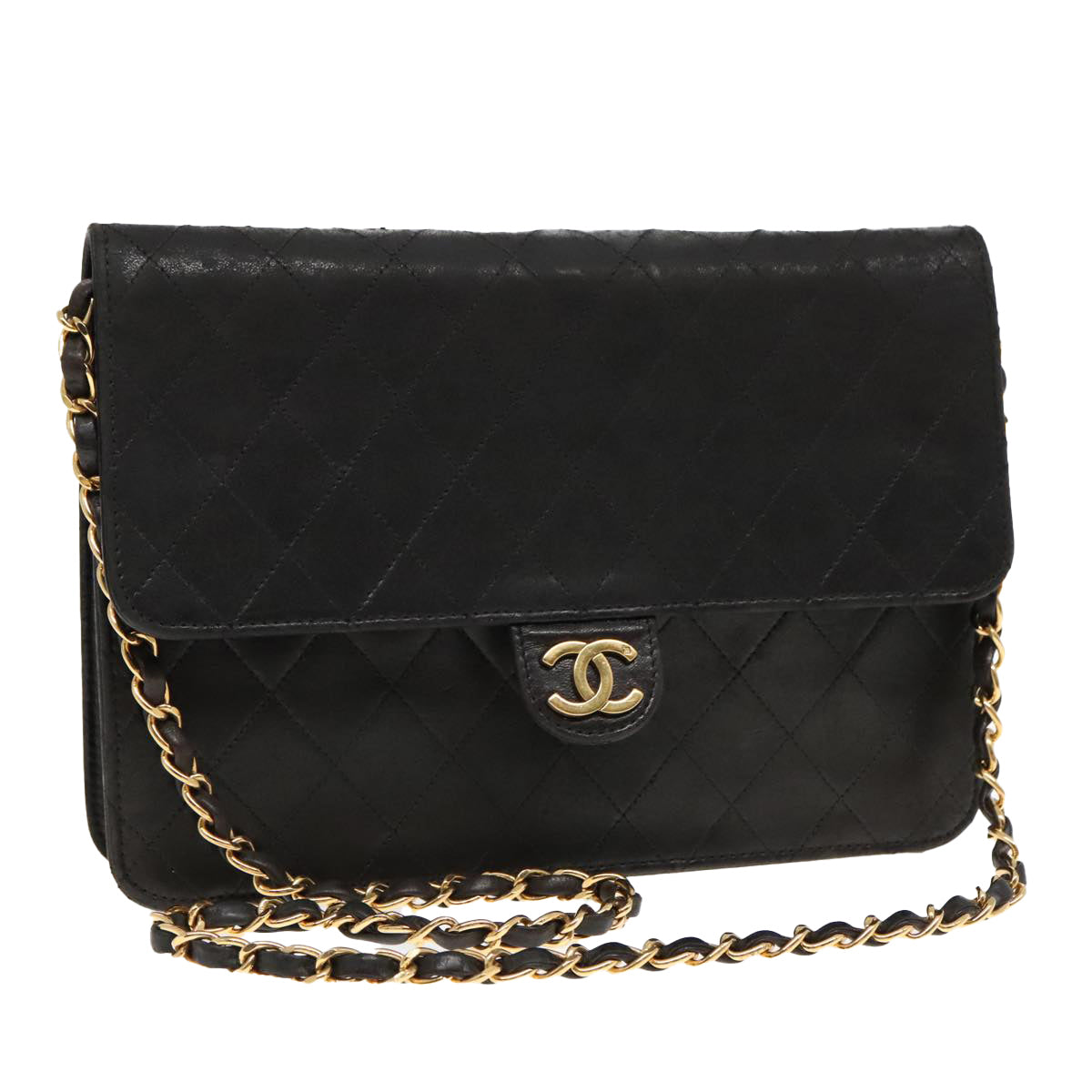 CHANEL Matelasse Chain Shoulder Bag Lamb Skin Gold Black CC Auth bs18483