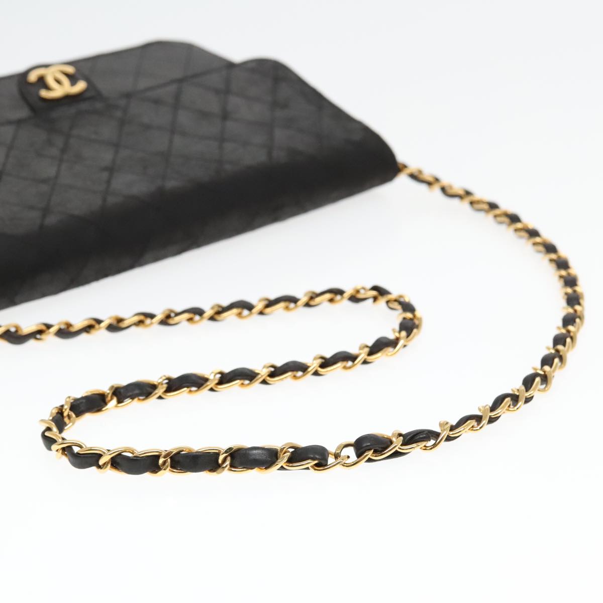 CHANEL Matelasse Chain Shoulder Bag Lamb Skin Gold Black CC Auth bs18483