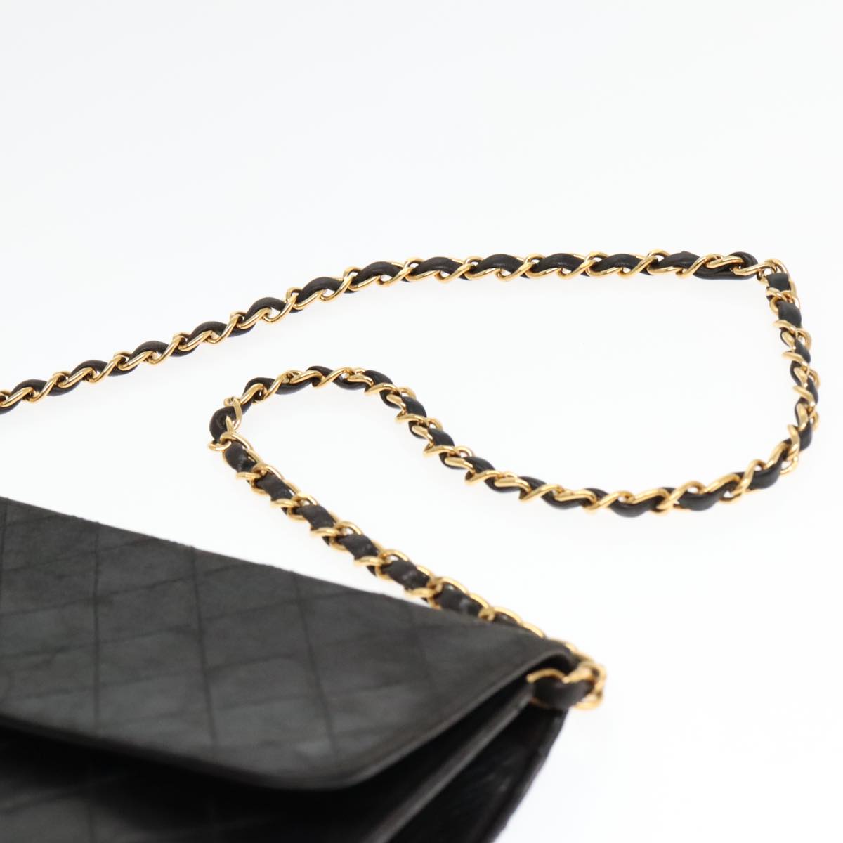 CHANEL Matelasse Chain Shoulder Bag Lamb Skin Gold Black CC Auth bs18483