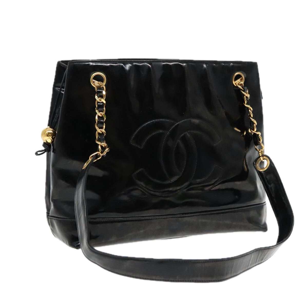 CHANEL COCO Mark Chain Shoulder Bag Patent leather Black Gold CC Auth bs18484