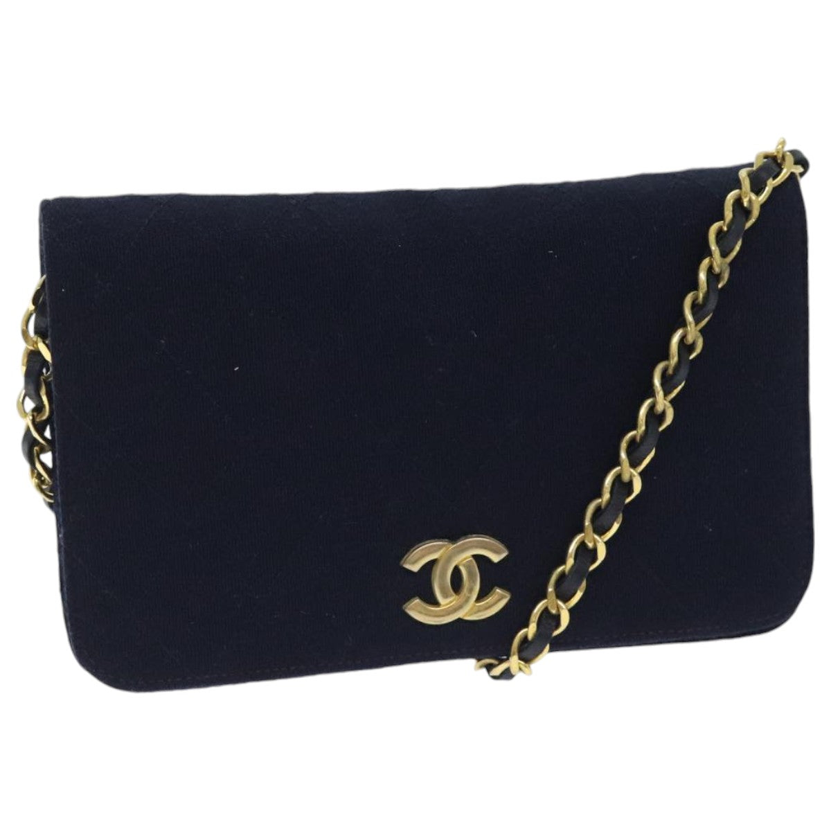 CHANEL Matelasse Chain Shoulder Bag Cotton Navy Gold CC Auth bs18486