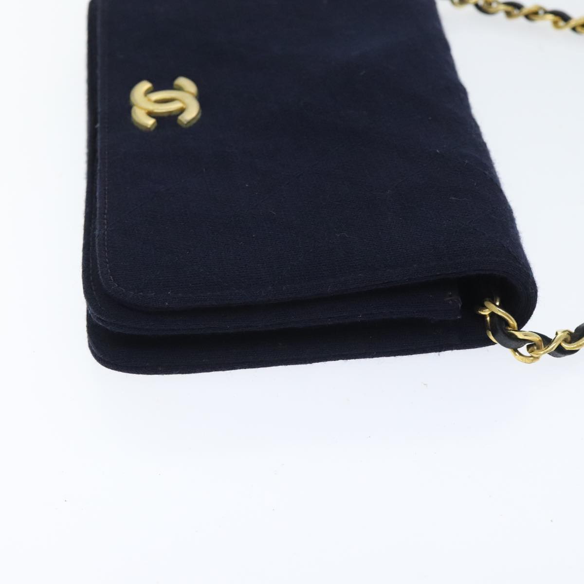 CHANEL Matelasse Chain Shoulder Bag Cotton Navy Gold CC Auth bs18486