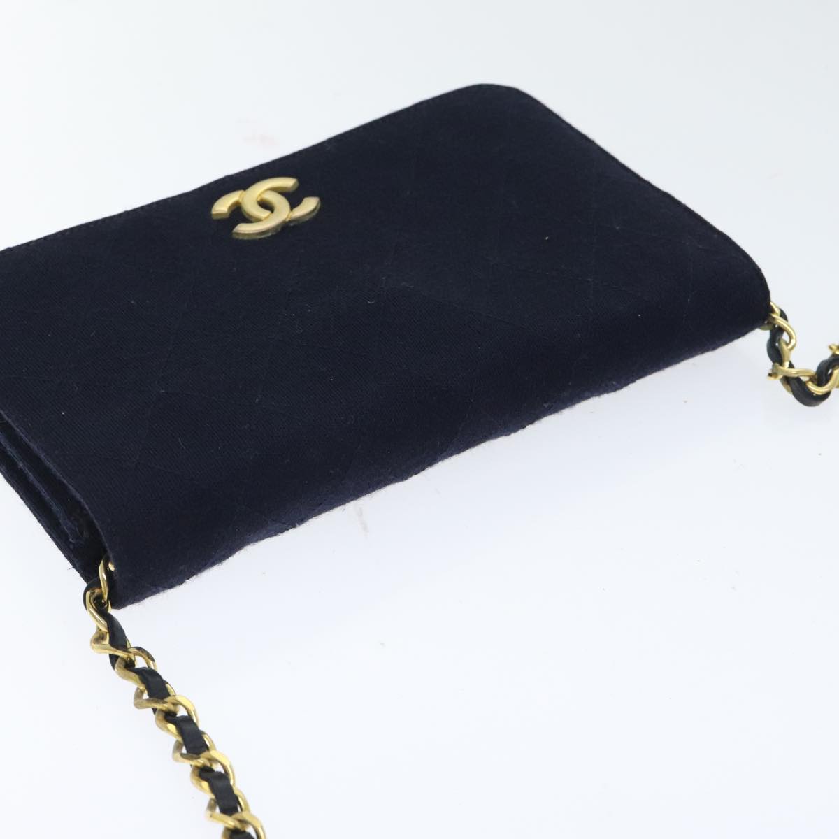 CHANEL Matelasse Chain Shoulder Bag Cotton Navy Gold CC Auth bs18486