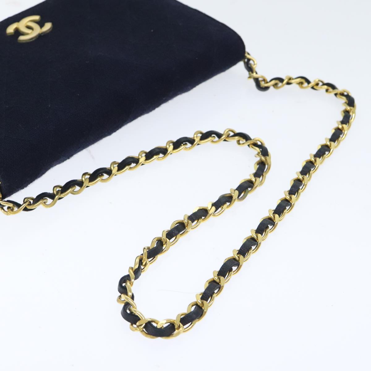 CHANEL Matelasse Chain Shoulder Bag Cotton Navy Gold CC Auth bs18486