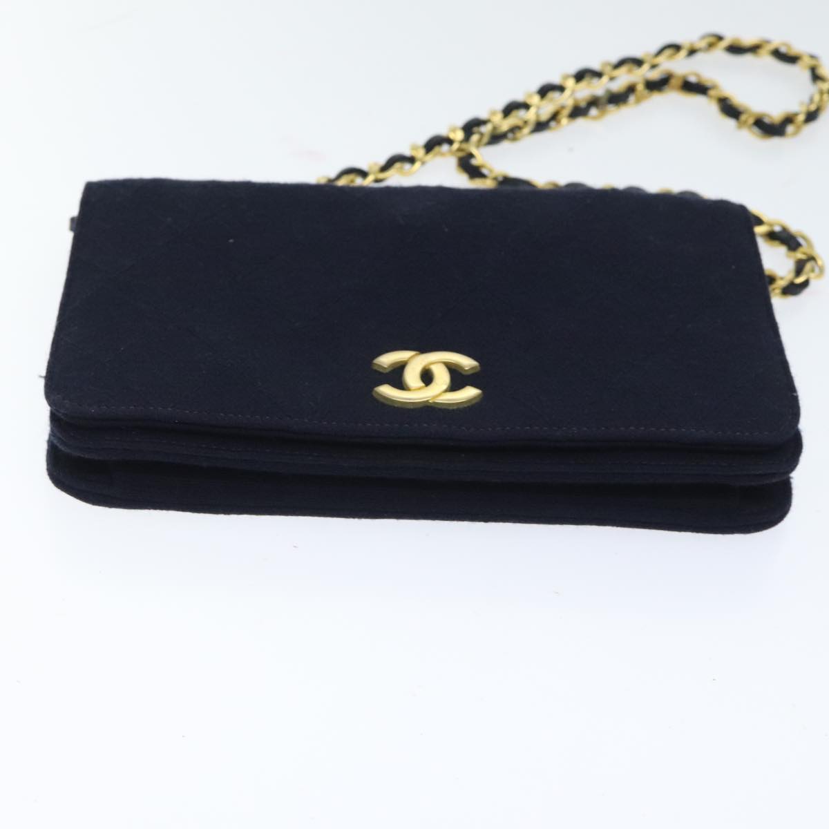 CHANEL Matelasse Chain Shoulder Bag Cotton Navy Gold CC Auth bs18486