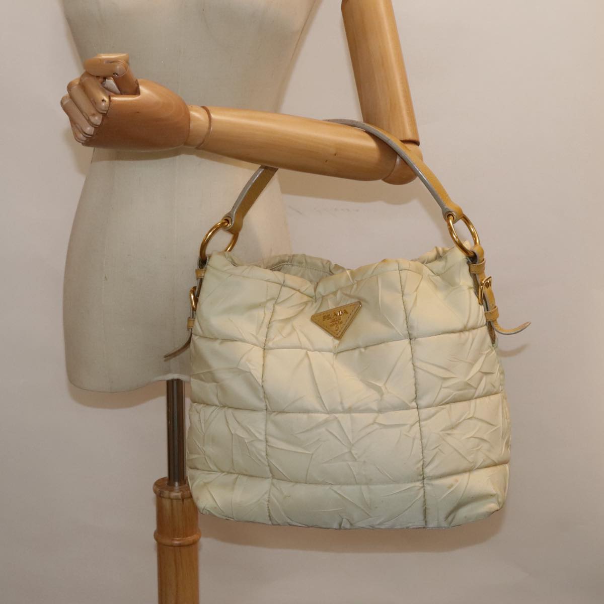 PRADA Hand Bag Nylon Beige Gold Auth bs18507