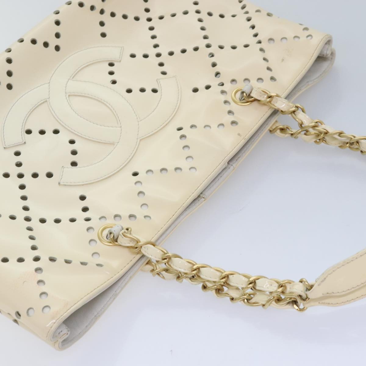 CHANEL COCO Mark Chain Hand Bag Enamel Beige Gold CC Auth bs18520