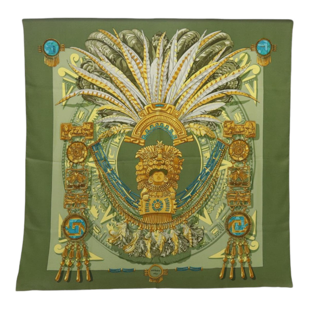 HERMES Carre 90 Scarf ""mexique"" Silk Green Yellow Auth bs18521