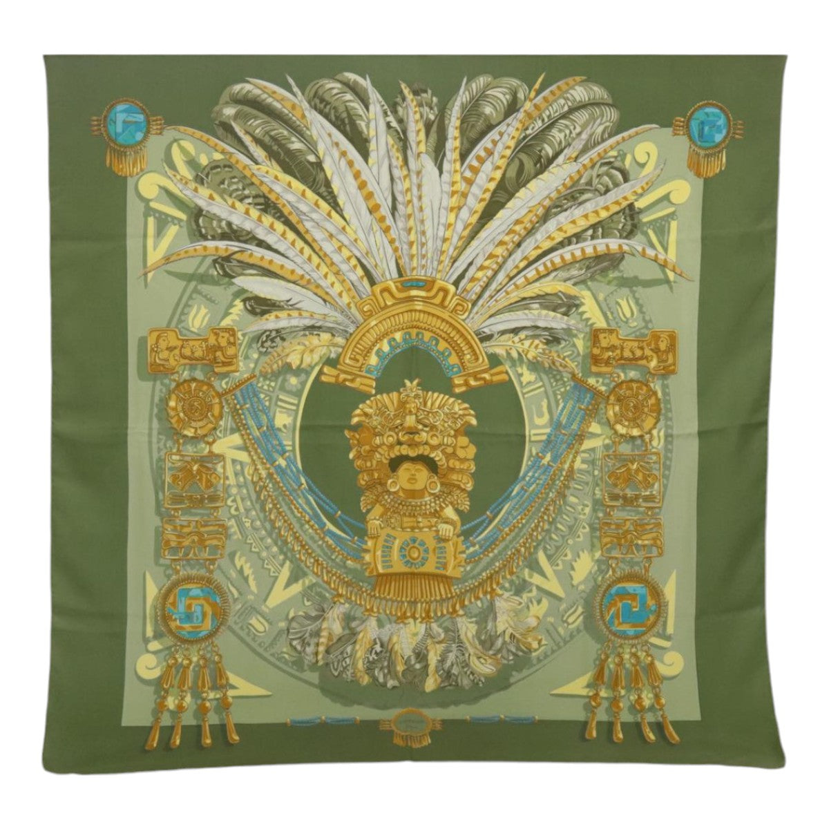 HERMES Carre 90 Scarf ""mexique"" Silk Green Yellow Auth bs18521 - 0