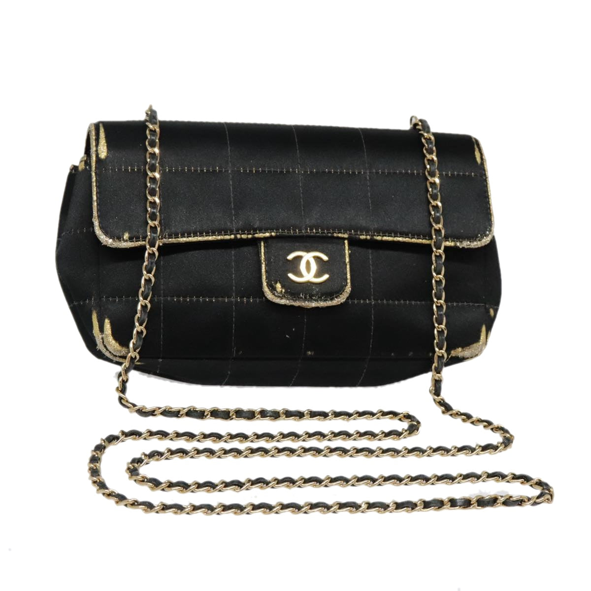 CHANEL Choco Bar Chain Shoulder Bag Satin Black Gold CC Auth bs18531