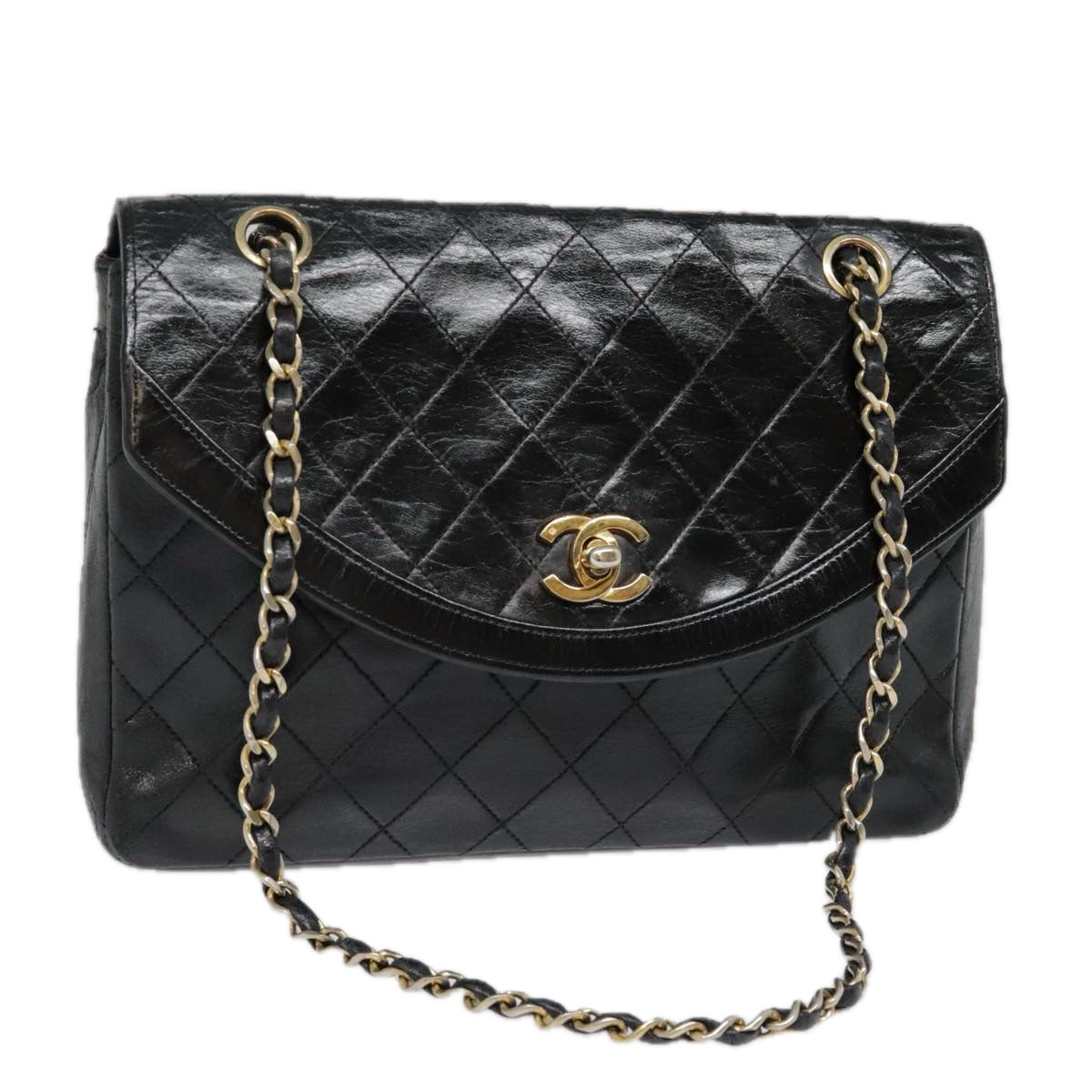 CHANEL Matelasse Chain Shoulder Bag Lamb Skin Gold Black CC Auth bs18532