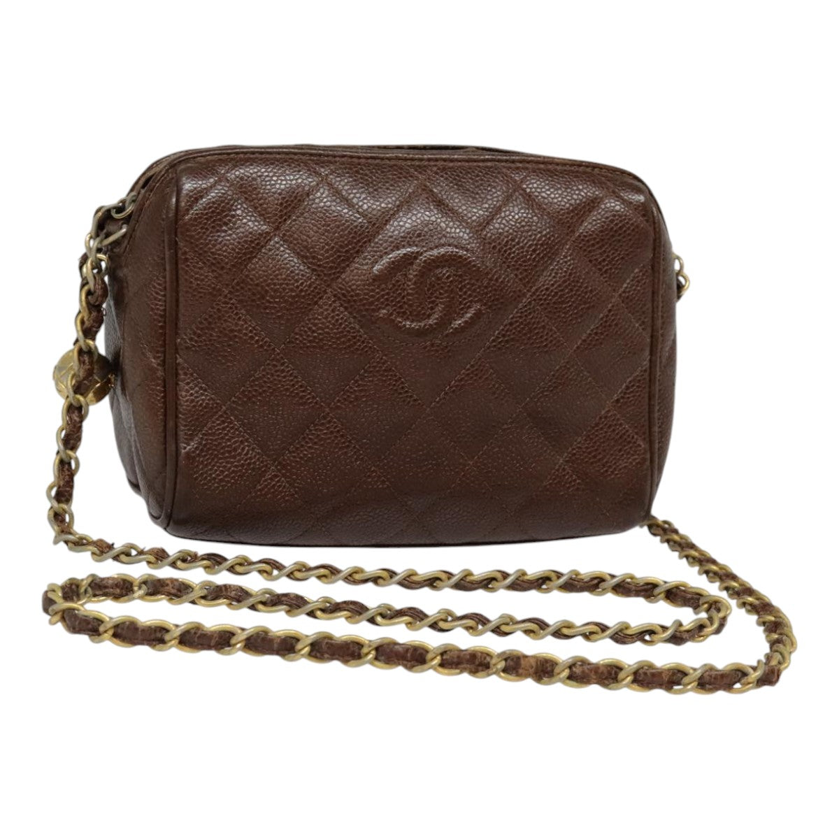 CHANEL Matelasse Chain Shoulder Bag Caviar Skin Brown Gold CC Auth bs18534