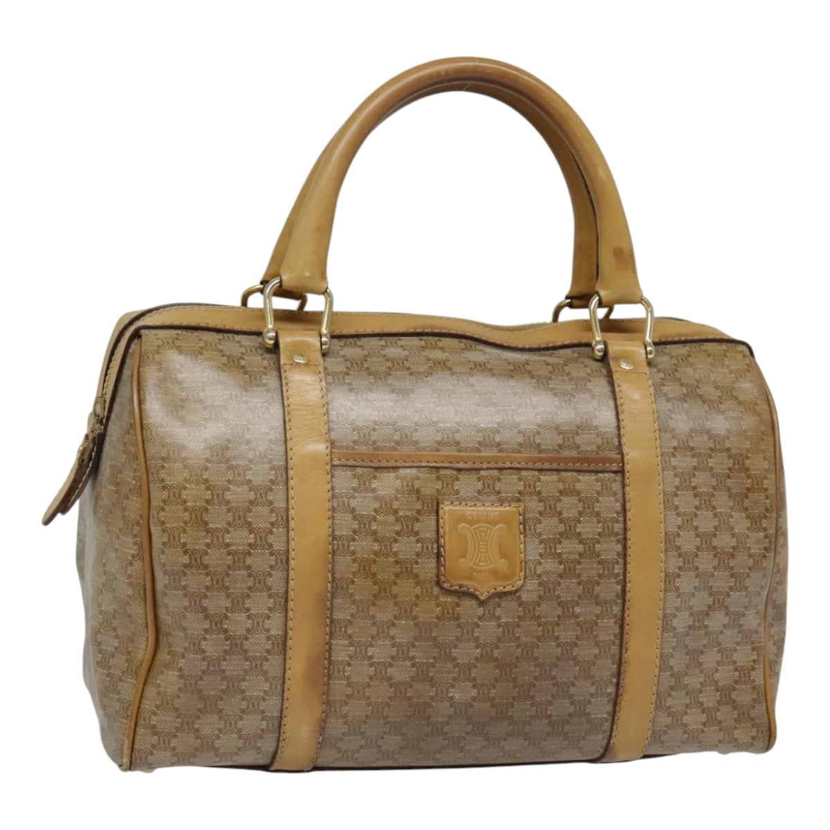 CELINE Macadam Canvas Boston Bag Beige Gold Auth bs18545