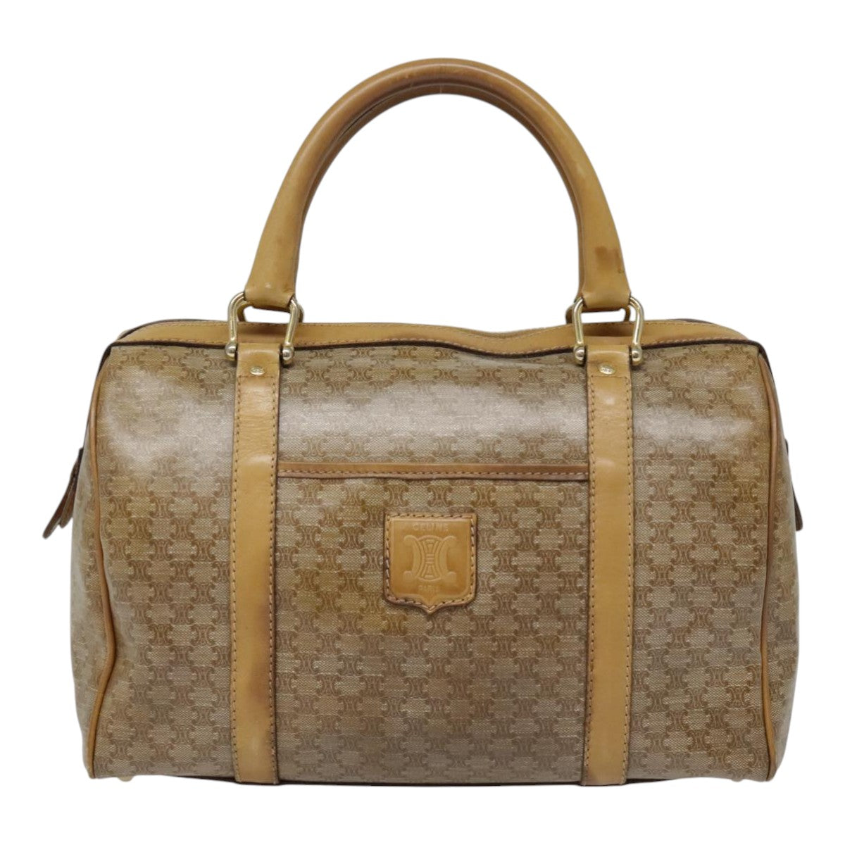 CELINE Macadam Canvas Boston Bag Beige Gold Auth bs18545