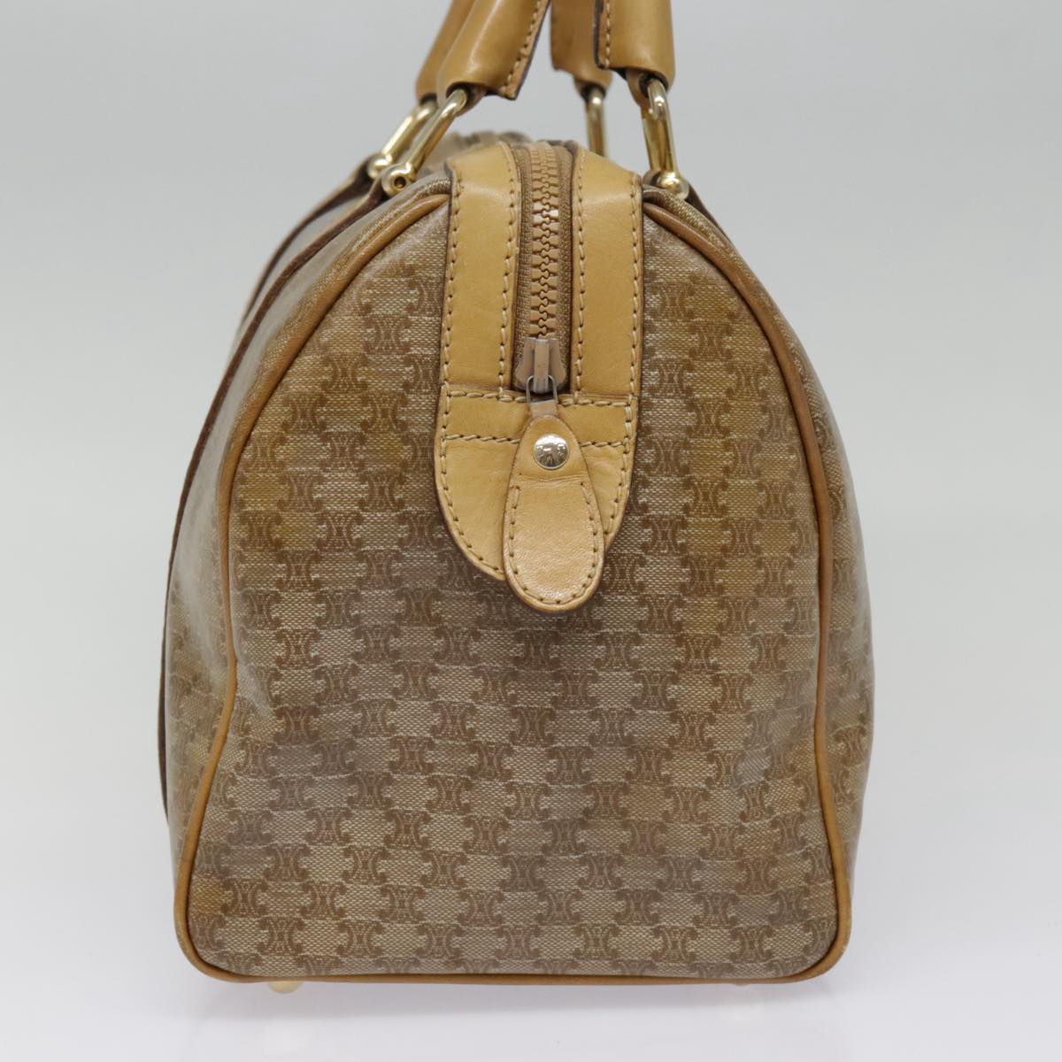 CELINE Macadam Canvas Boston Bag Beige Gold Auth bs18545