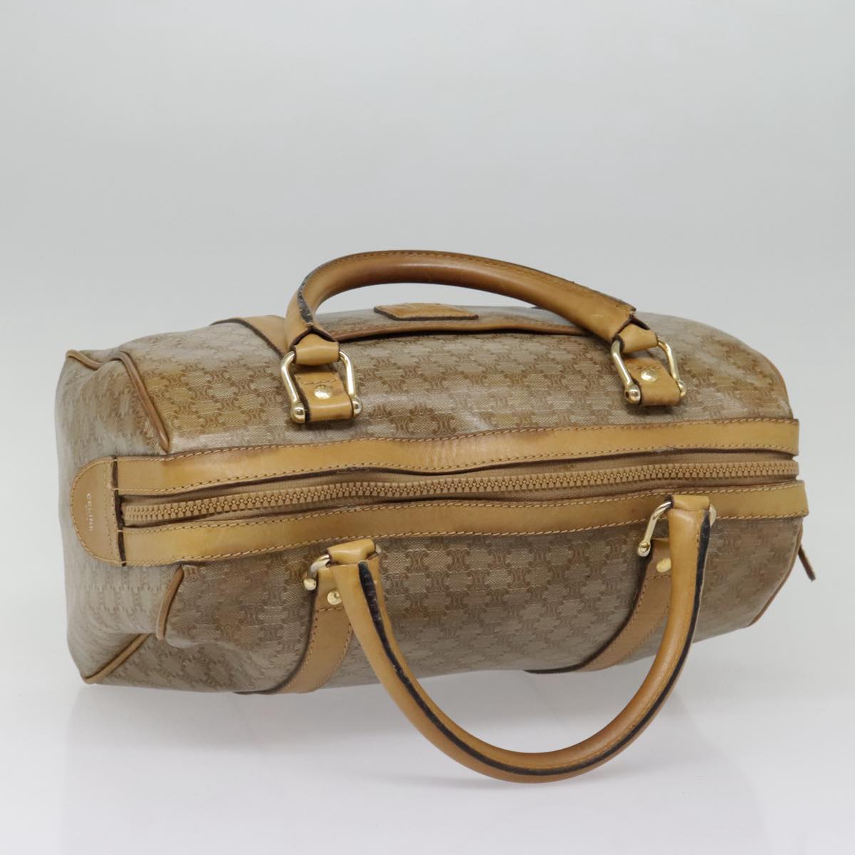 CELINE Macadam Canvas Boston Bag Beige Gold Auth bs18545