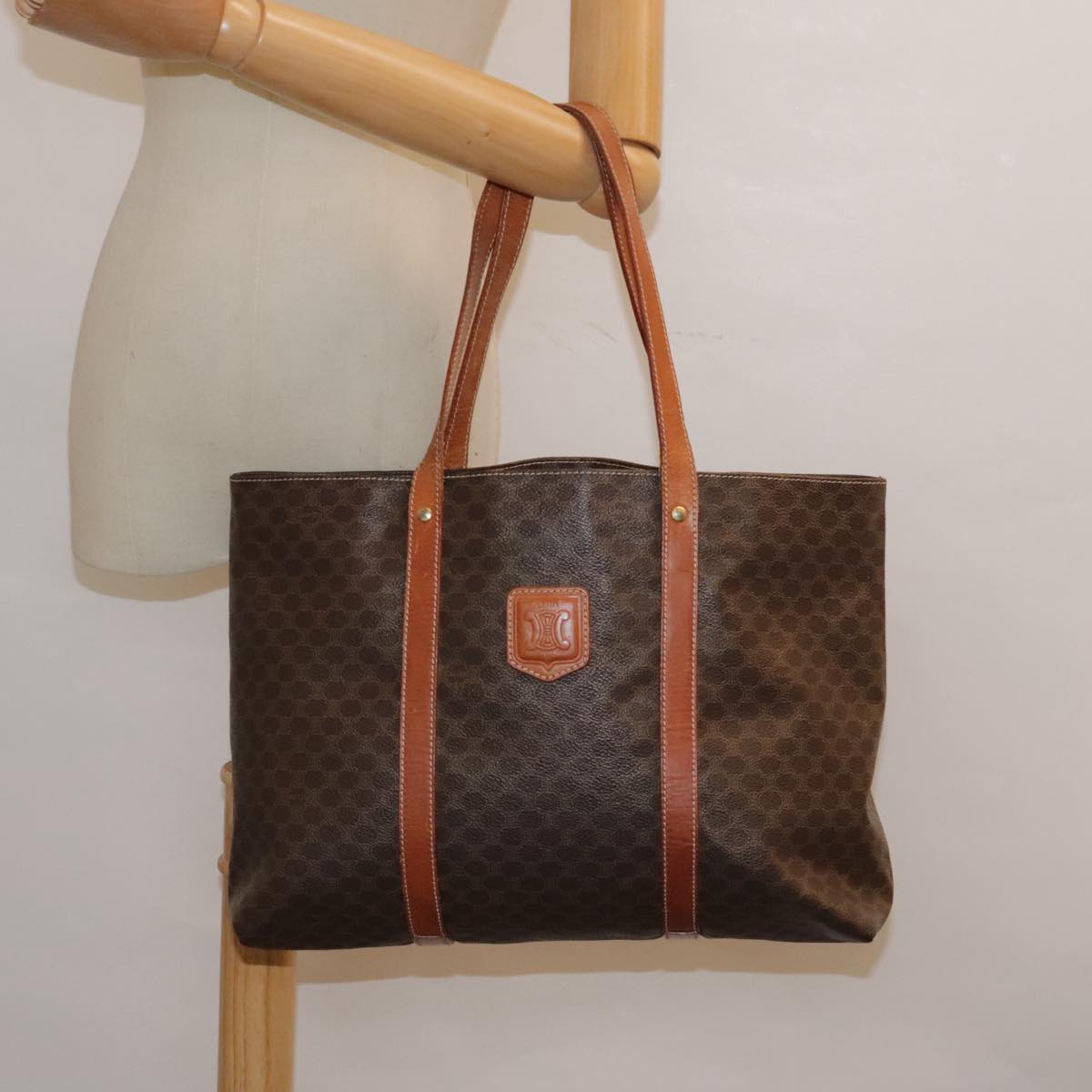 CELINE Macadam Canvas Tote Bag PVC Leather Brown Gold Auth bs18547