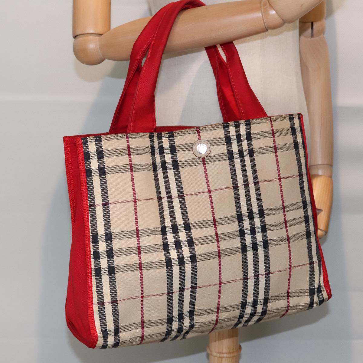 BURBERRY Nova Check Tote Bag Canvas Beige Silver Auth bs18551