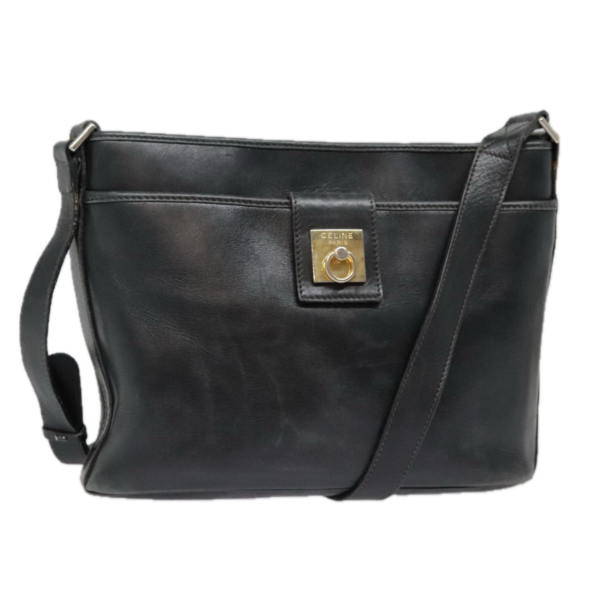 CELINE Shoulder Bag Leather Black Gold Auth bs18552