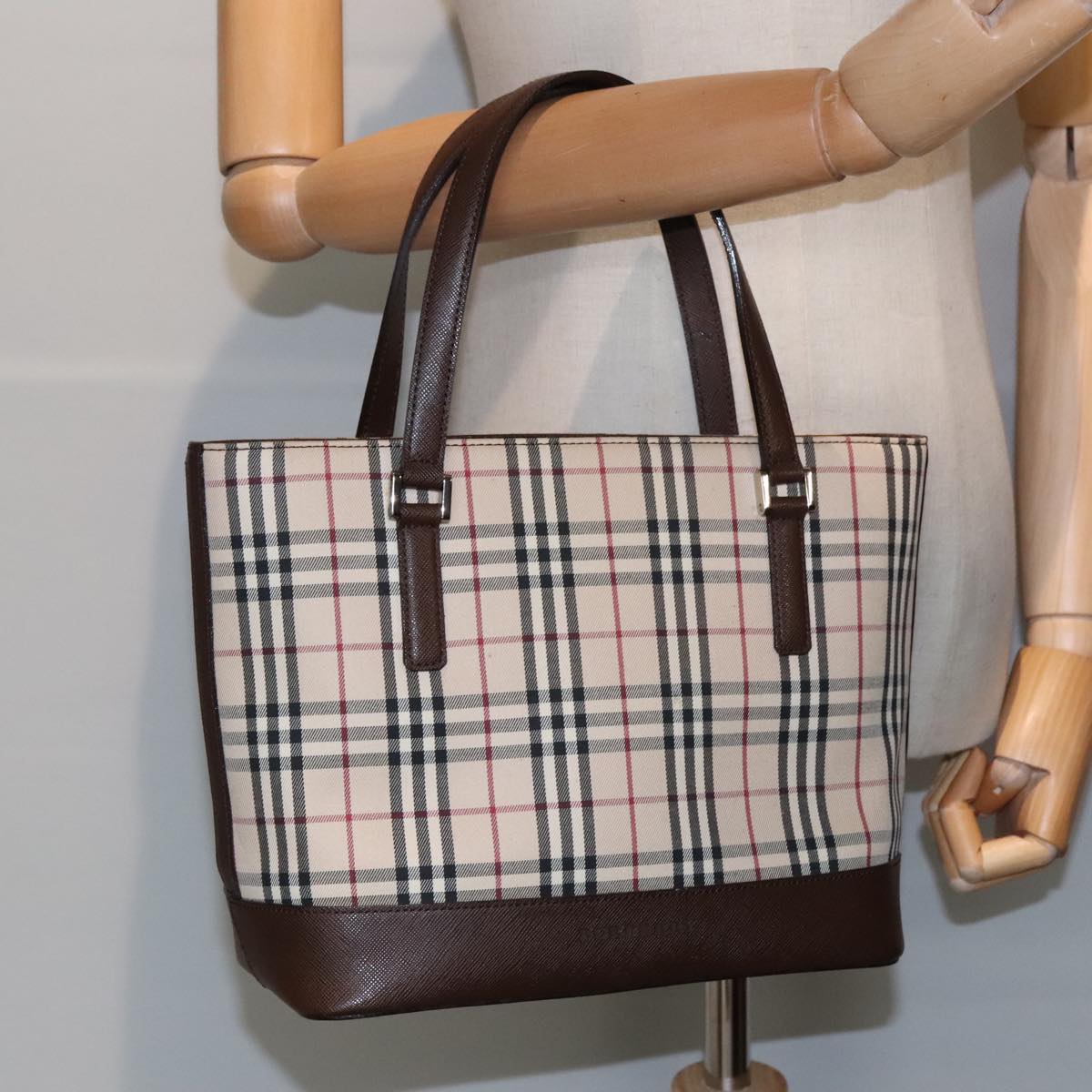 BURBERRY Nova Check Hand Bag Canvas Leather Beige Silver Auth bs18554