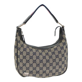 GUCCI GG Canvas Sherry Line Hand Bag Navy Silver Red 145811 Auth bs18558