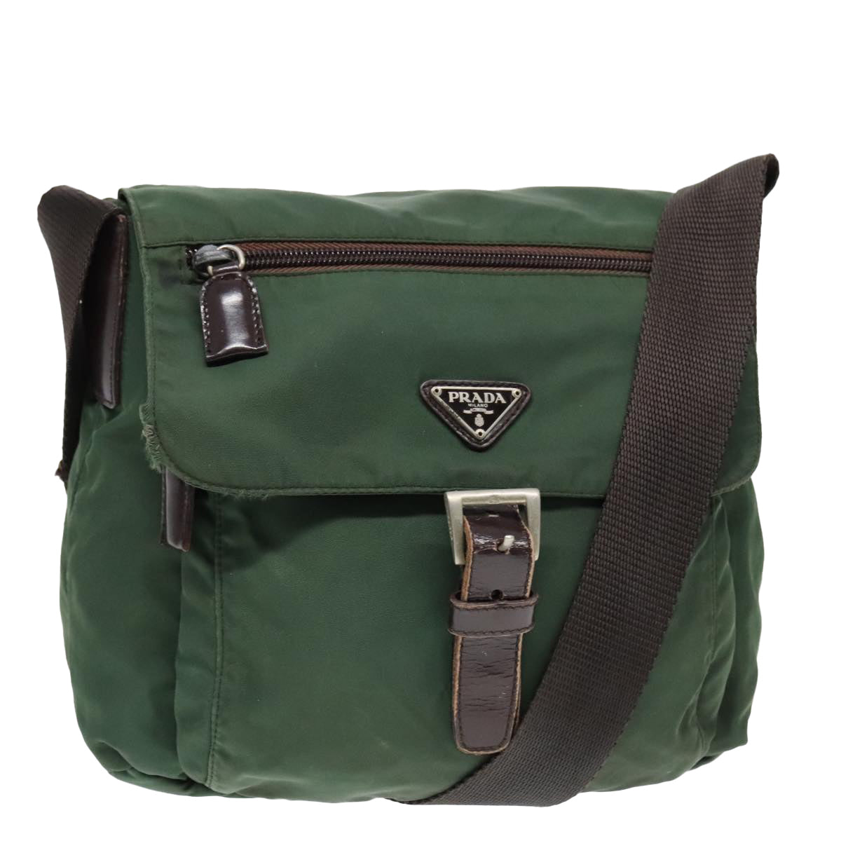 PRADA Shoulder Bag Nylon Green Brown Silver Auth bs18578