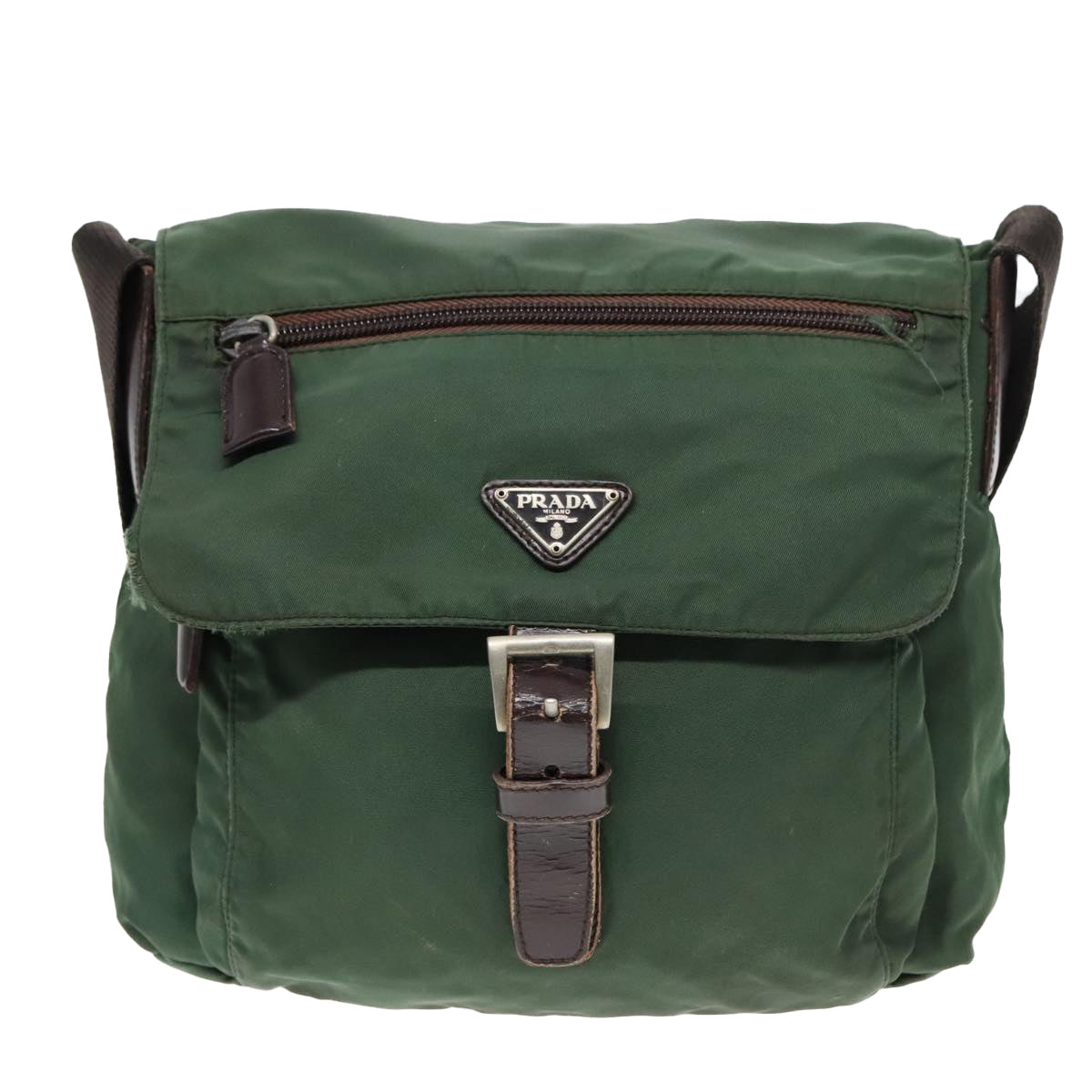 PRADA Shoulder Bag Nylon Green Brown Silver Auth bs18578