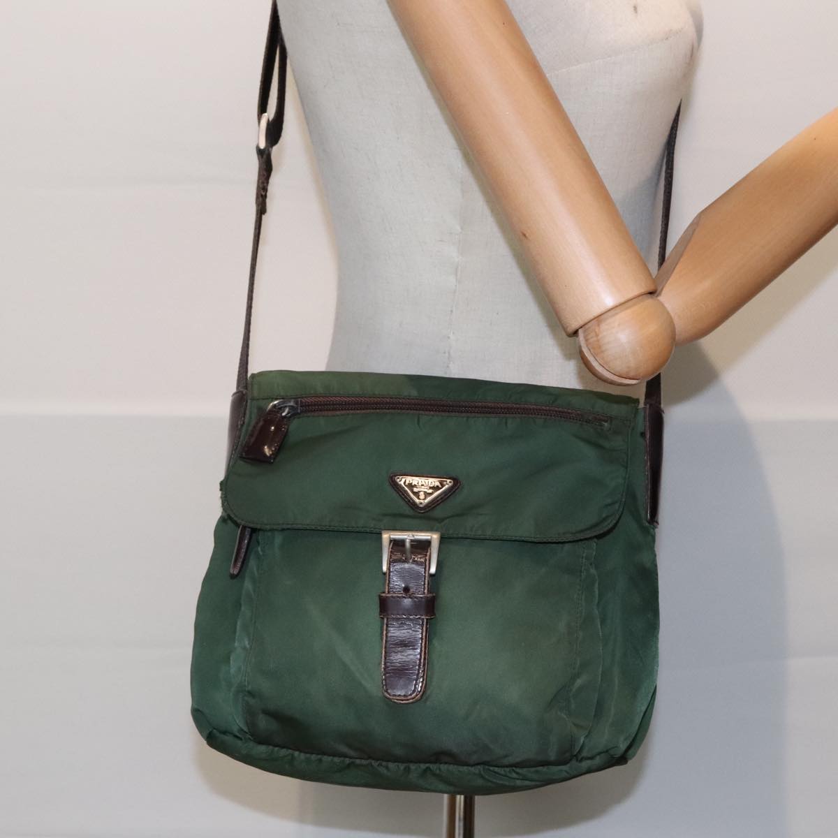 PRADA Shoulder Bag Nylon Green Brown Silver Auth bs18578