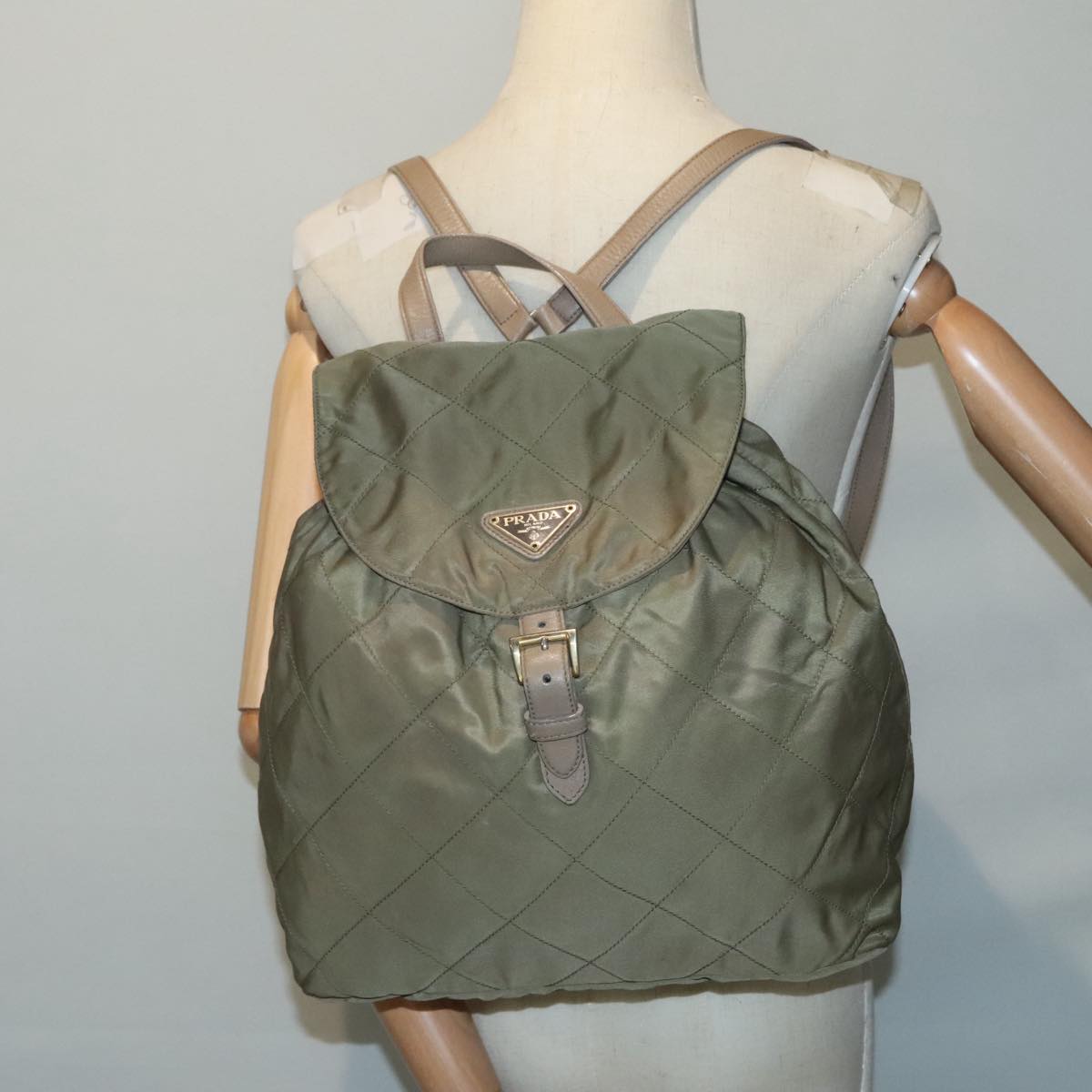 PRADA Backpack Nylon Beige Gold Auth bs18579