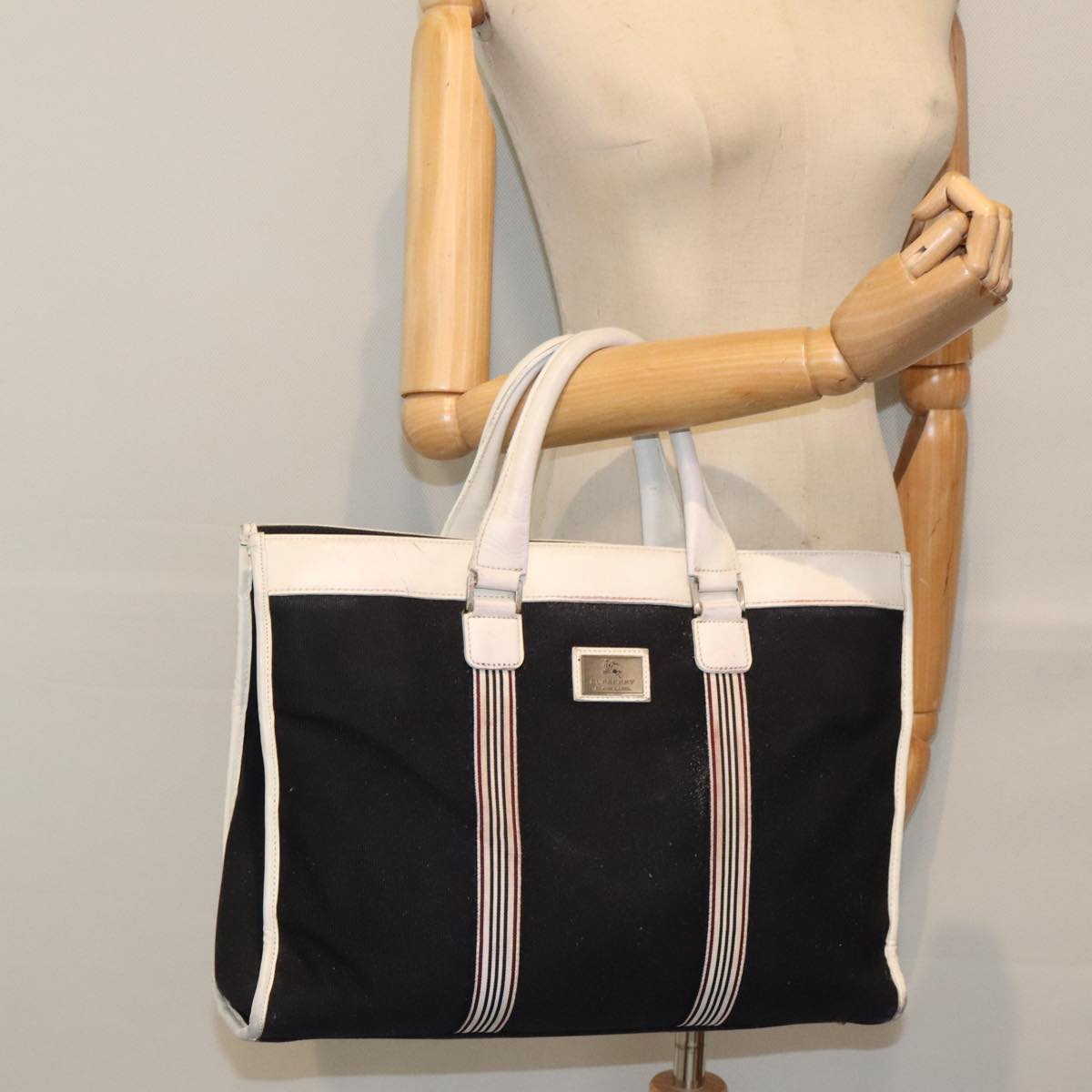 BURBERRY Black label Hand Bag Canvas Black Silver Auth bs18581