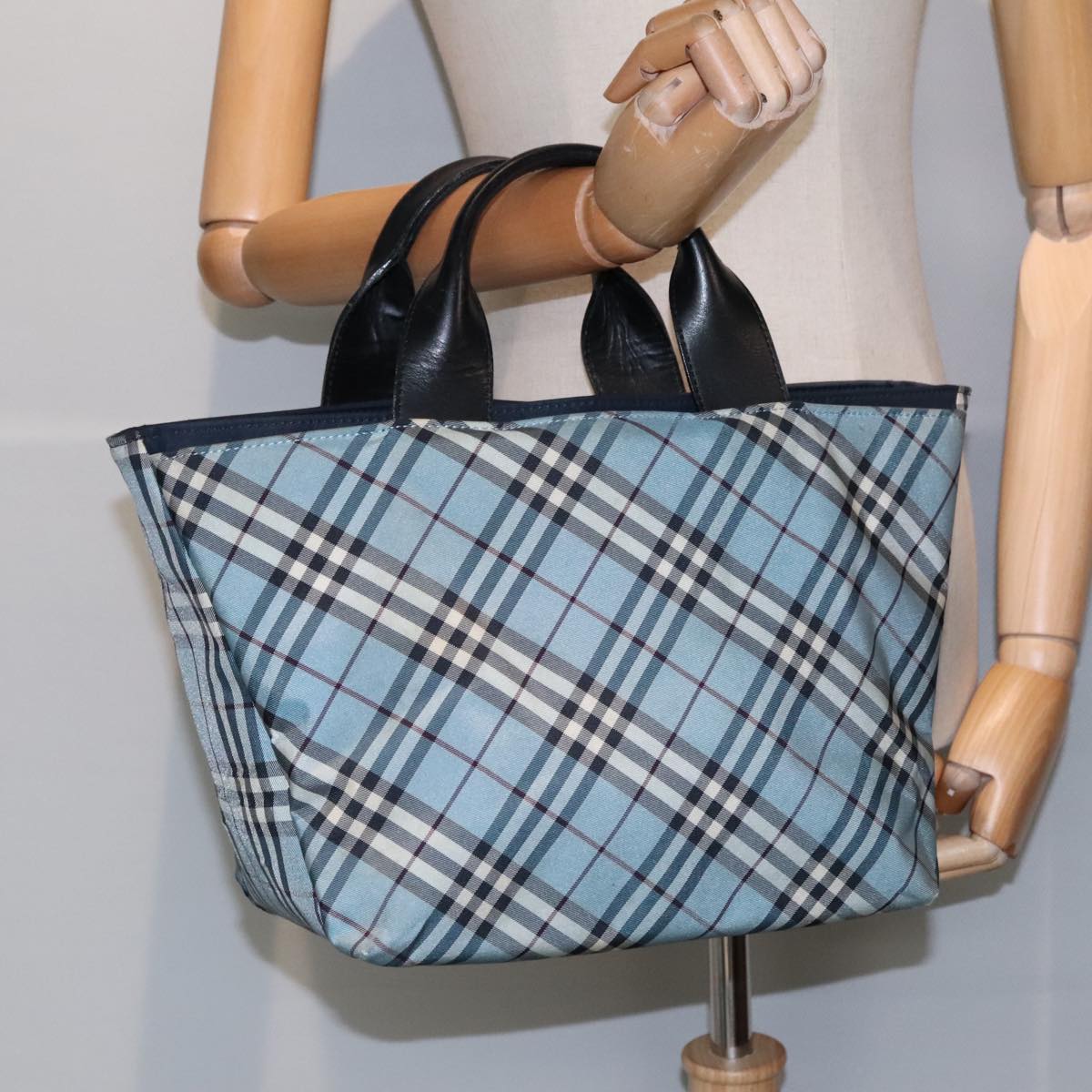 BURBERRY Nova Check Hand Bag Nylon Blue Silver Auth bs18587