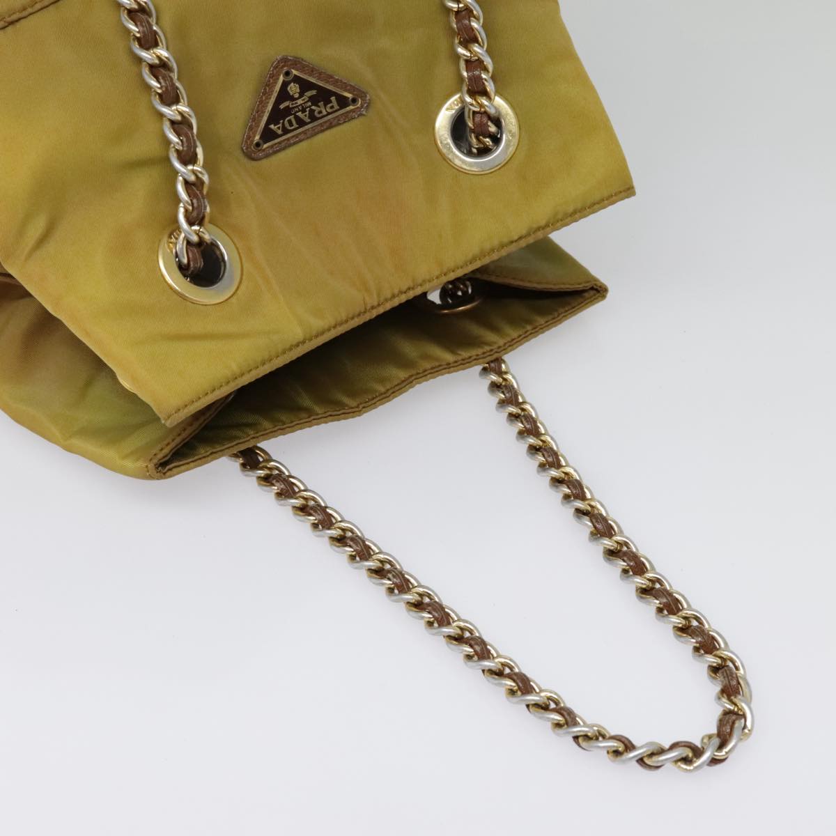 PRADA Chain Shoulder Bag Nylon Khaki Gold Auth bs18601