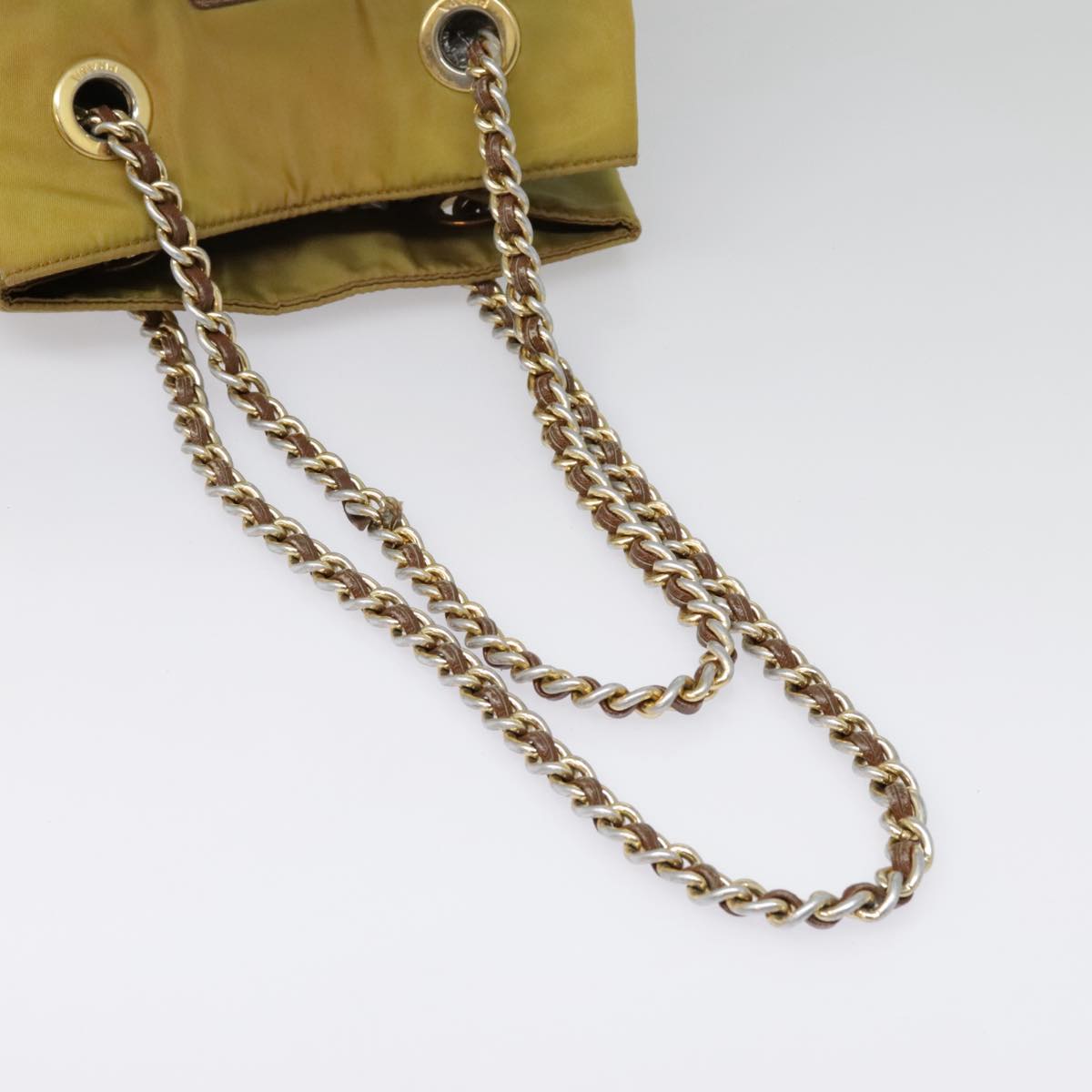 PRADA Chain Shoulder Bag Nylon Khaki Gold Auth bs18601