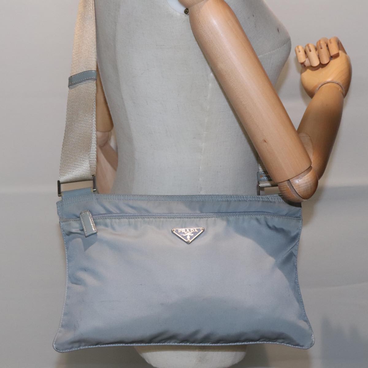 PRADA Shoulder Bag Nylon Light Blue Silver Auth bs18602