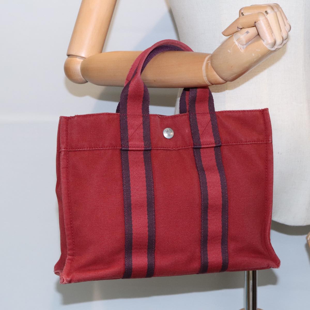 HERMES Fourre Tout PM Hand Bag Canvas Red Navy Auth bs18607