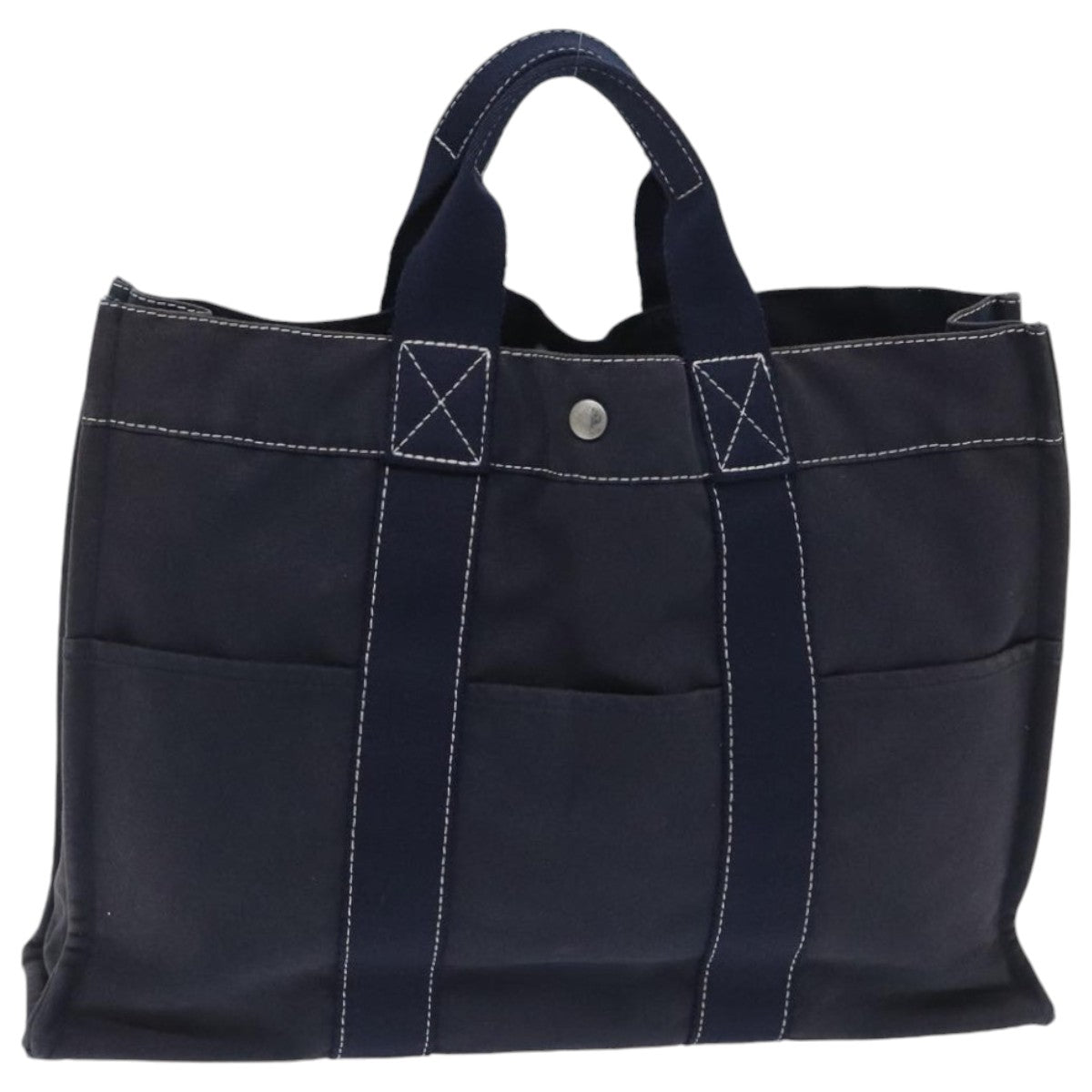 HERMES Deauville MM Tote Bag Canvas Navy Silver Auth bs18608