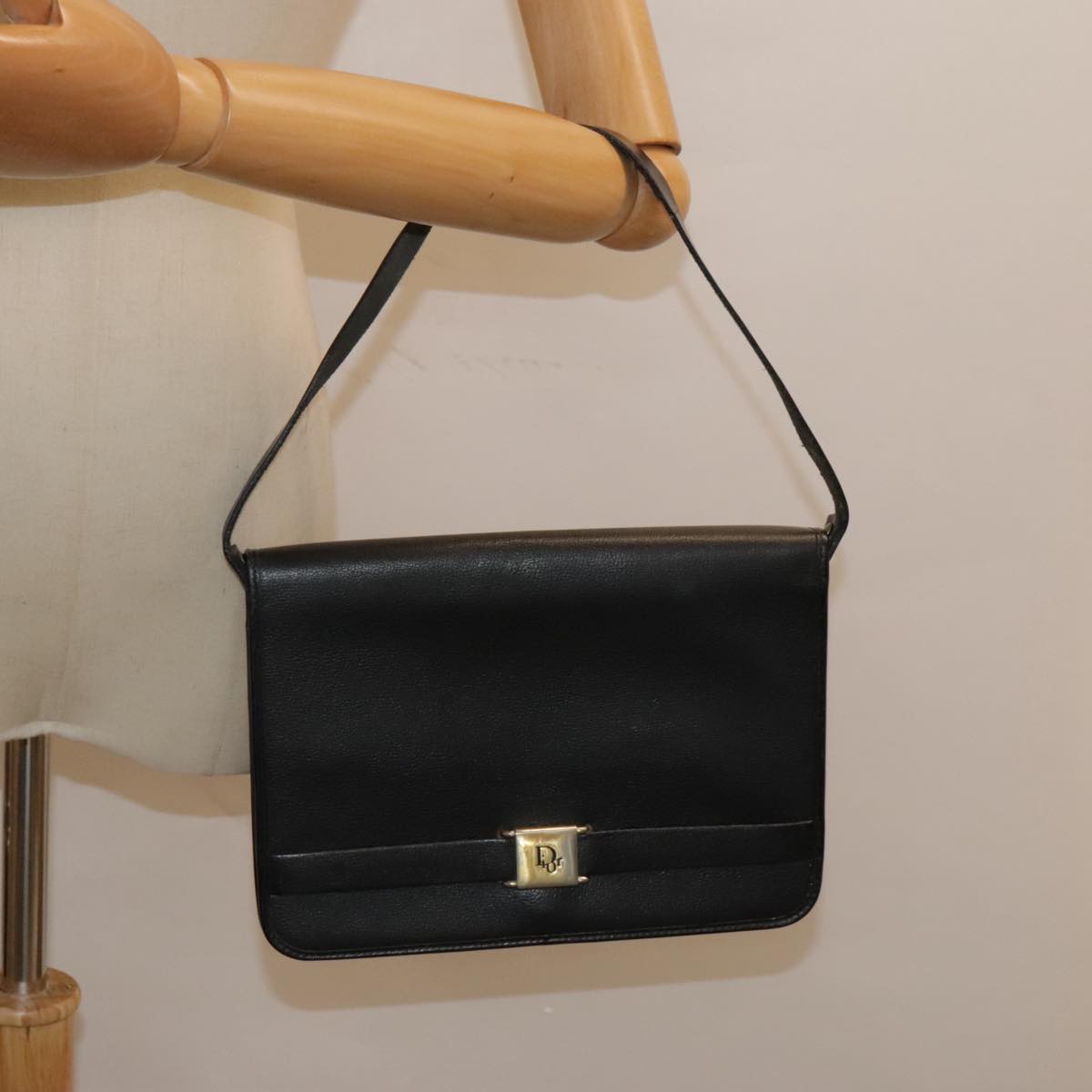 Christian Dior Shoulder Bag Leather Black Gold Auth bs18609