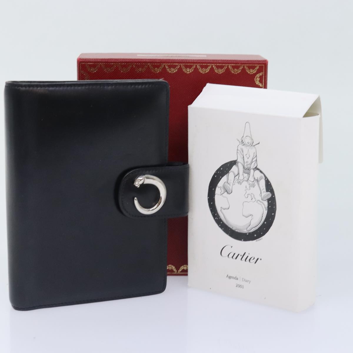 CARTIER PANTHERE Agenda Day Planner Cover Leather Black Silver Auth bs18620