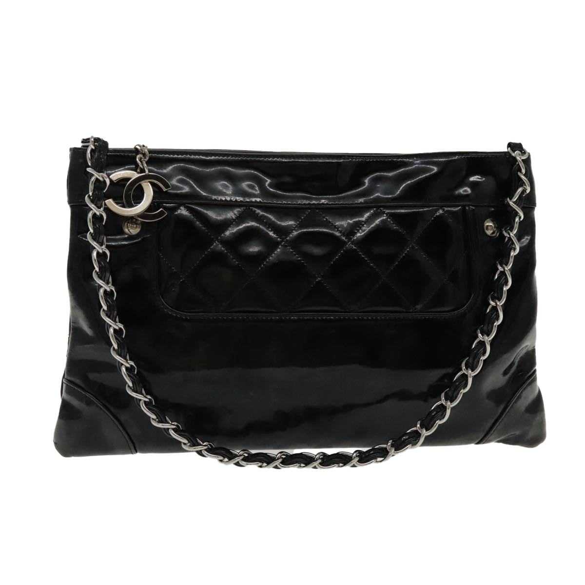 CHANEL Matelasse Chain Shoulder Bag Patent leather Black Silver CC Auth bs18654