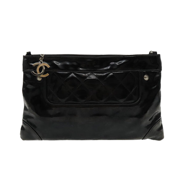 CHANEL Matelasse Chain Shoulder Bag Patent leather Black Silver CC Auth bs18654