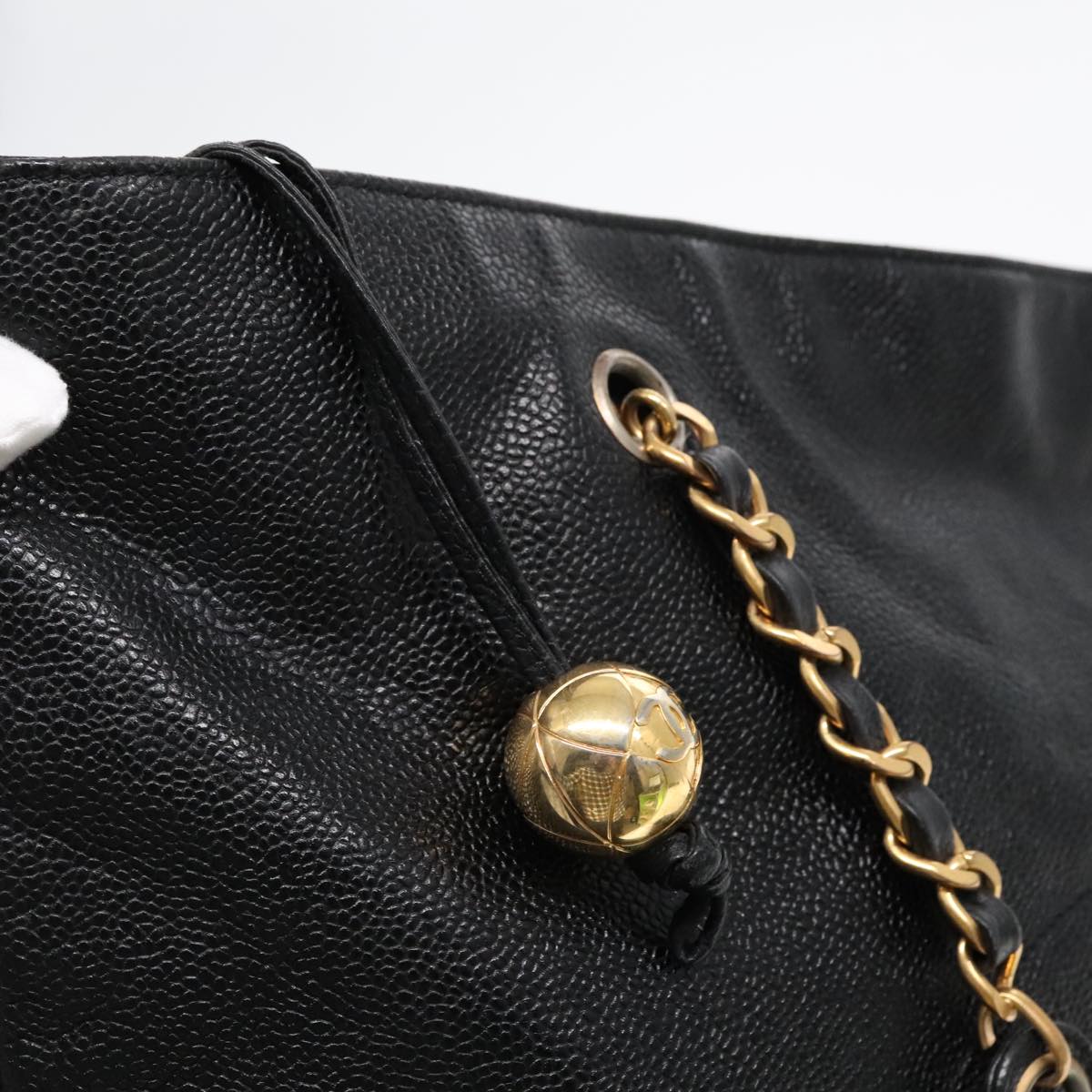 CHANEL COCO Mark Chain Tote Bag Caviar Skin Black Gold CC Auth bs18655