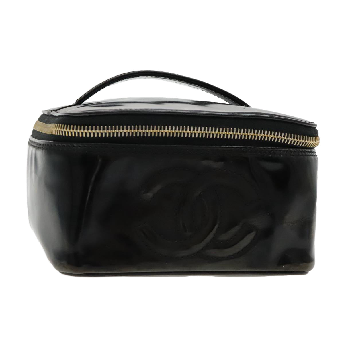 CHANEL Vanity Cosmetic Pouch Patent leather Black Gold CC Auth bs18658